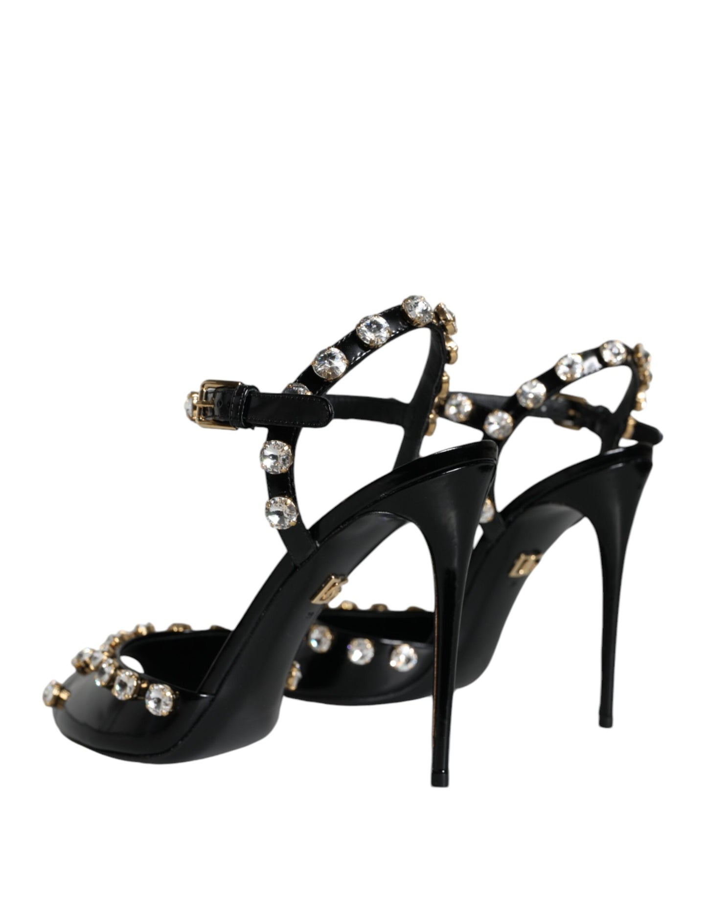 - Black Leather Crystal Ankle Strap Sandals Shoes