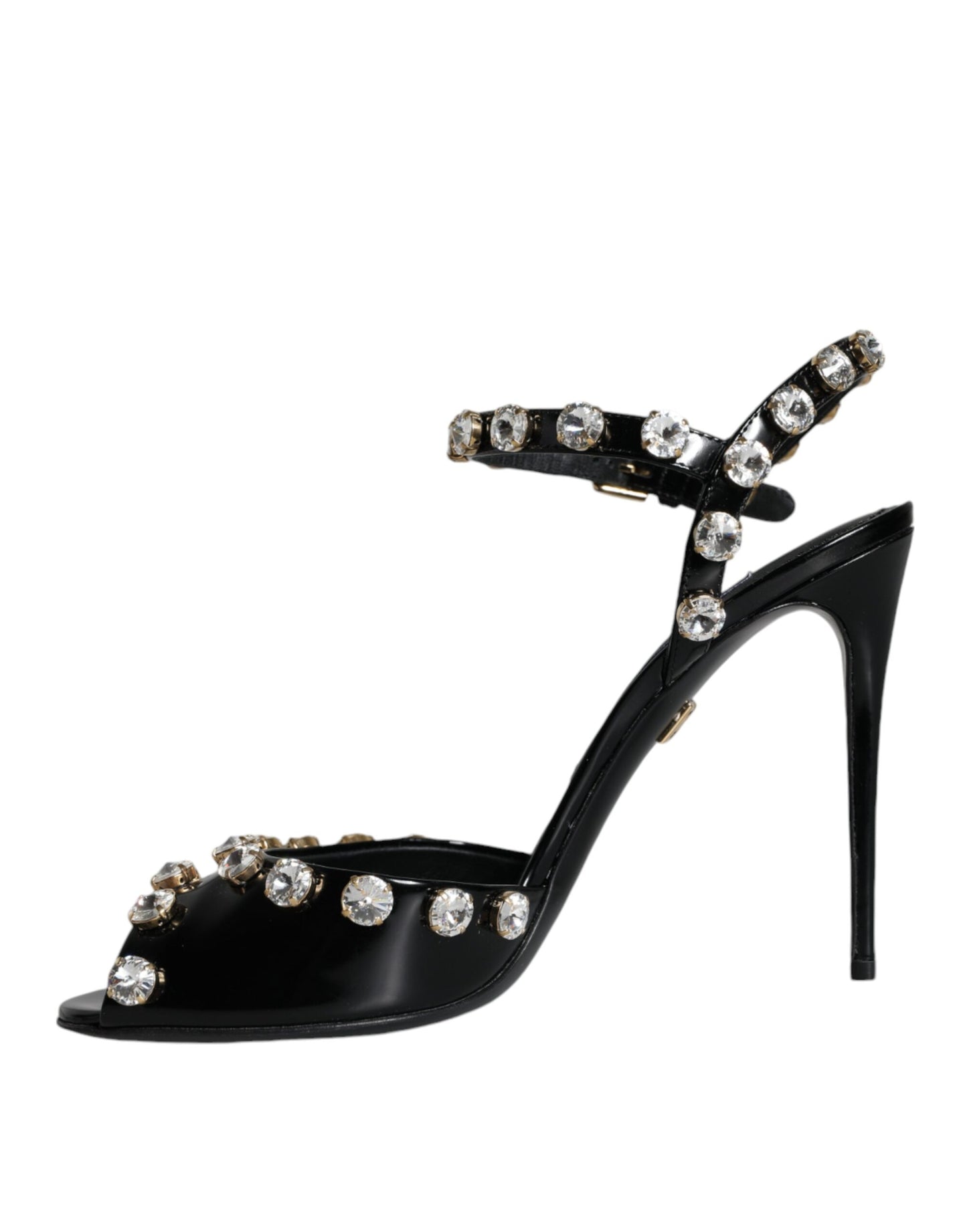 - Black Leather Crystal Ankle Strap Sandals Shoes
