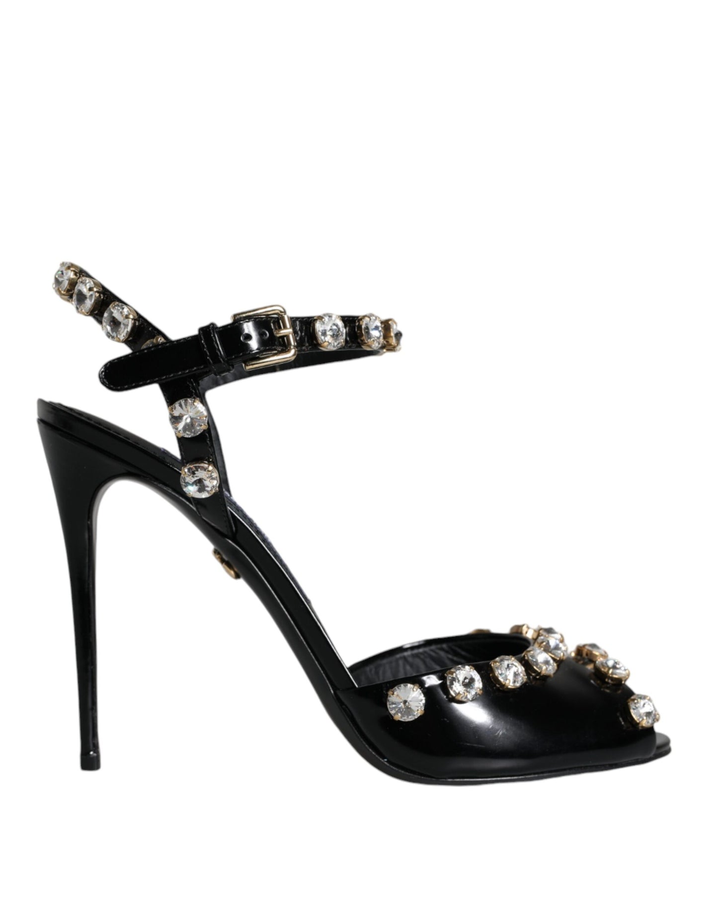 - Black Leather Crystal Ankle Strap Sandals Shoes