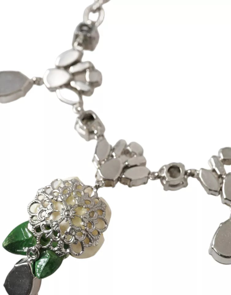 - Silver Brass Clear Crystal Roses Pendants Necklace