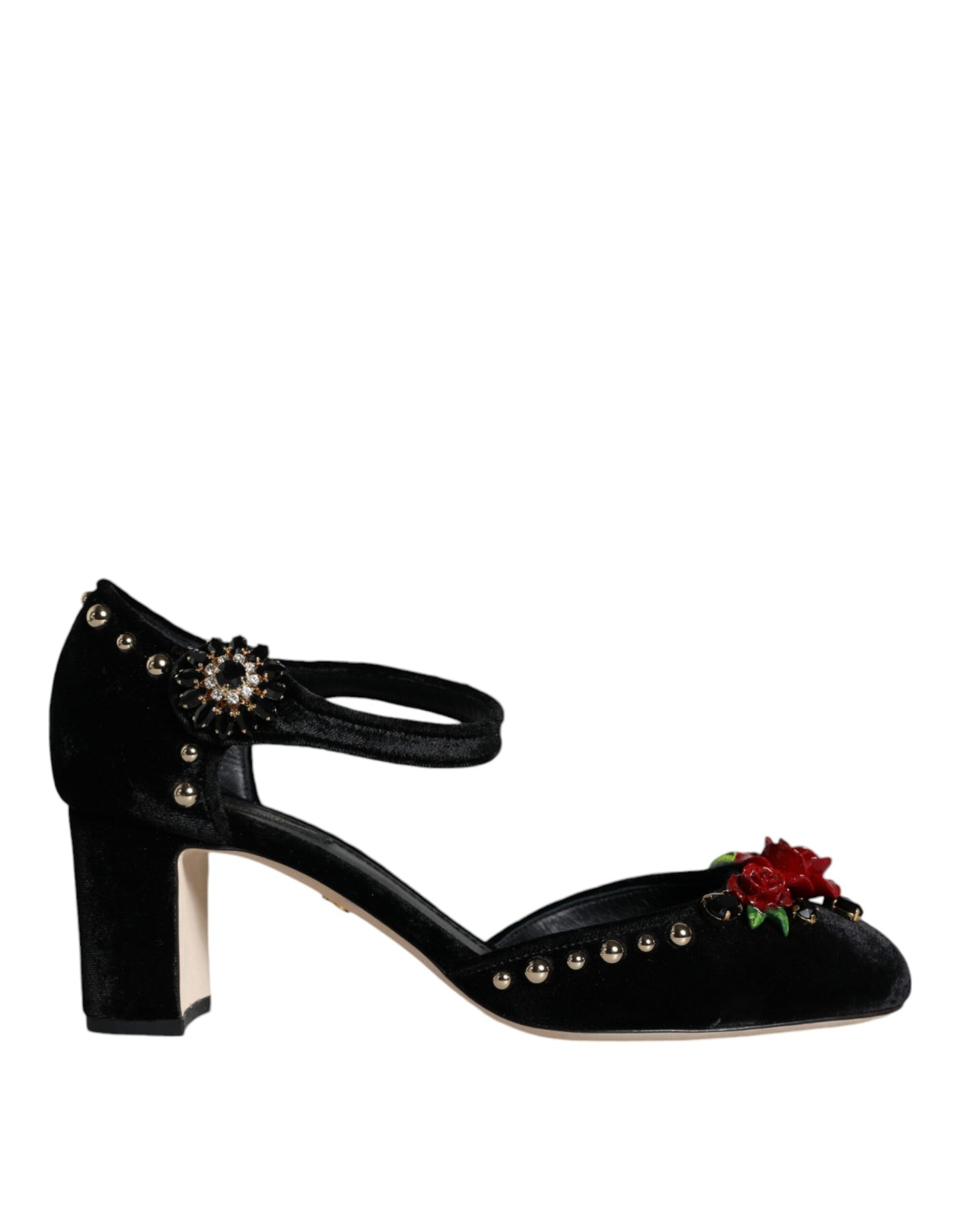 - Black Velvet Roses Ankle Strap Pumps Shoes