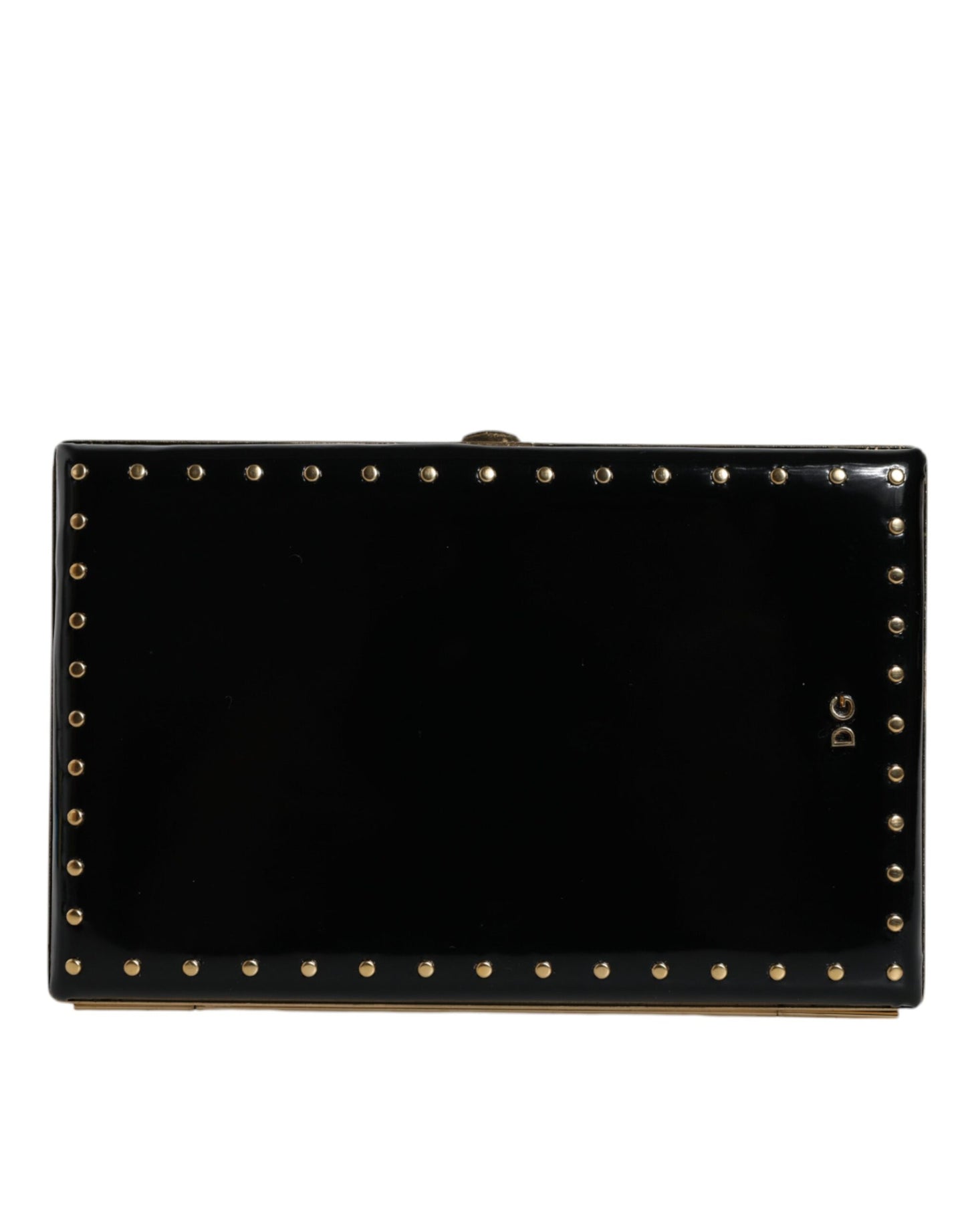 - Black Leather Studs Gold Frame Clutch Evening Purse Bag