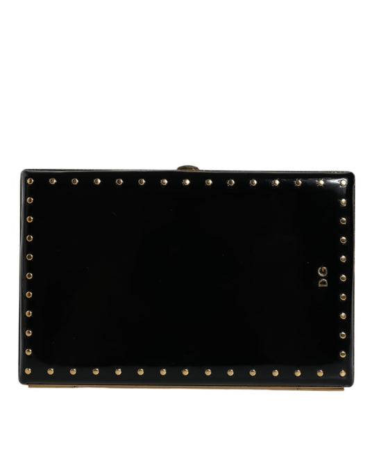 - Black Leather Studs Gold Frame Clutch Evening Purse Bag