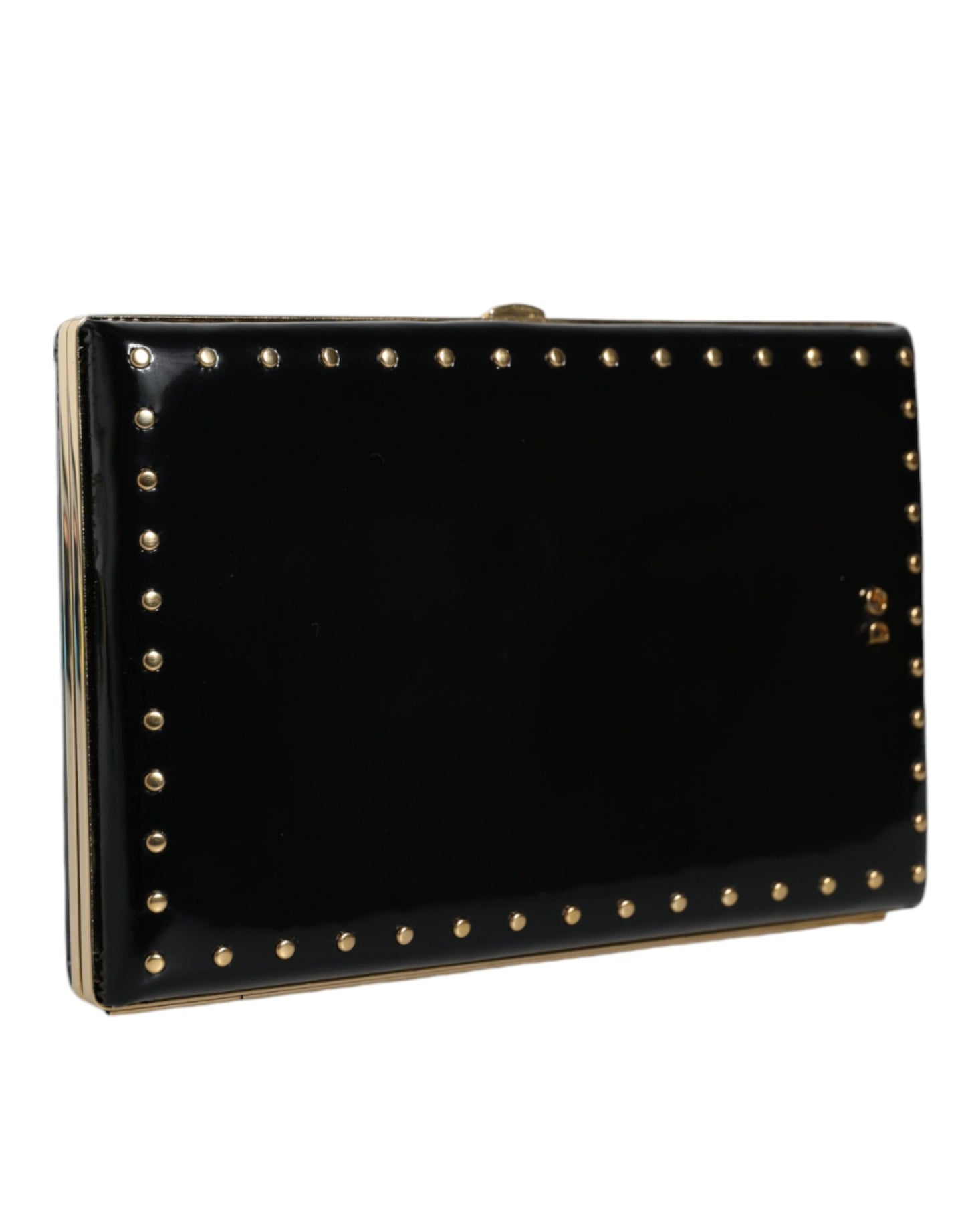 - Black Leather Studs Gold Frame Clutch Evening Purse Bag