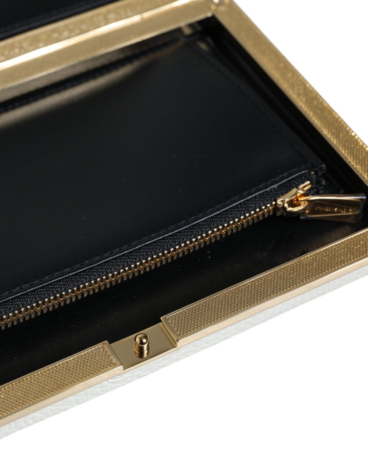 - White Leather Gold Frame Clutch Evening Party Purse Bag