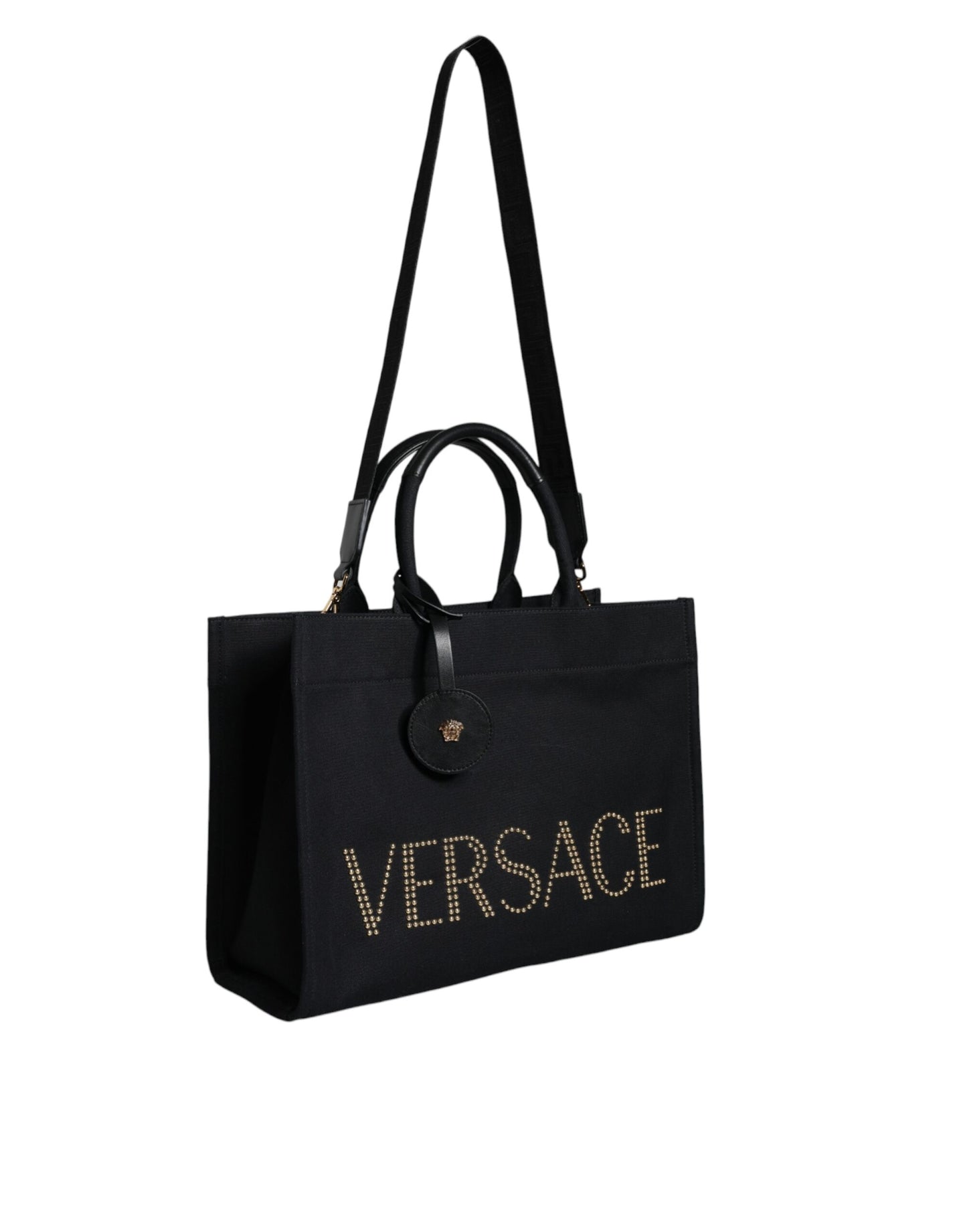 - Black Top Handle Canvas Leather Logo Crossbody Tote Bag