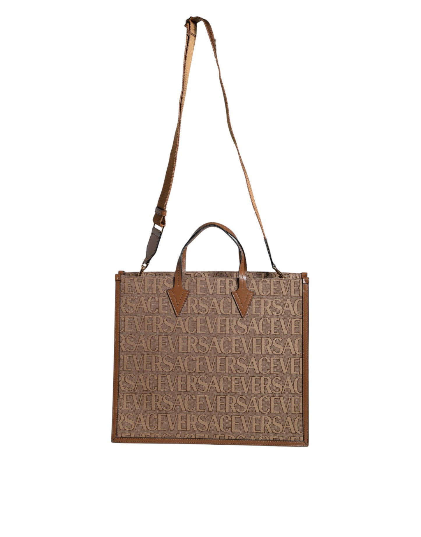- Brown Top Handle Jacquard Leather Logo Crossbody Tote Bag