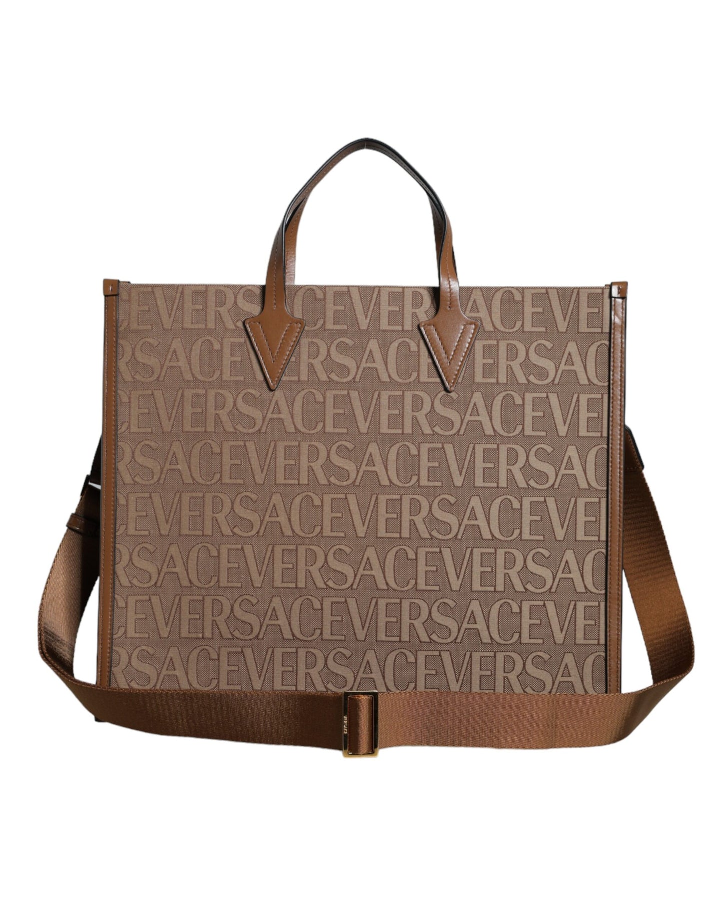 - Brown Top Handle Jacquard Leather Logo Crossbody Tote Bag