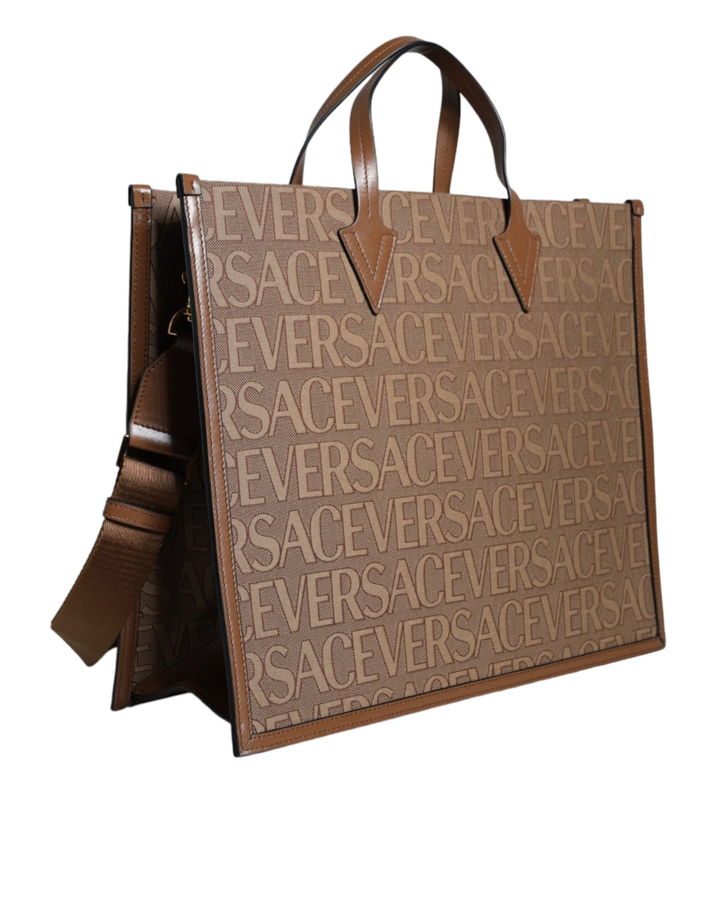 - Brown Top Handle Jacquard Leather Logo Crossbody Tote Bag