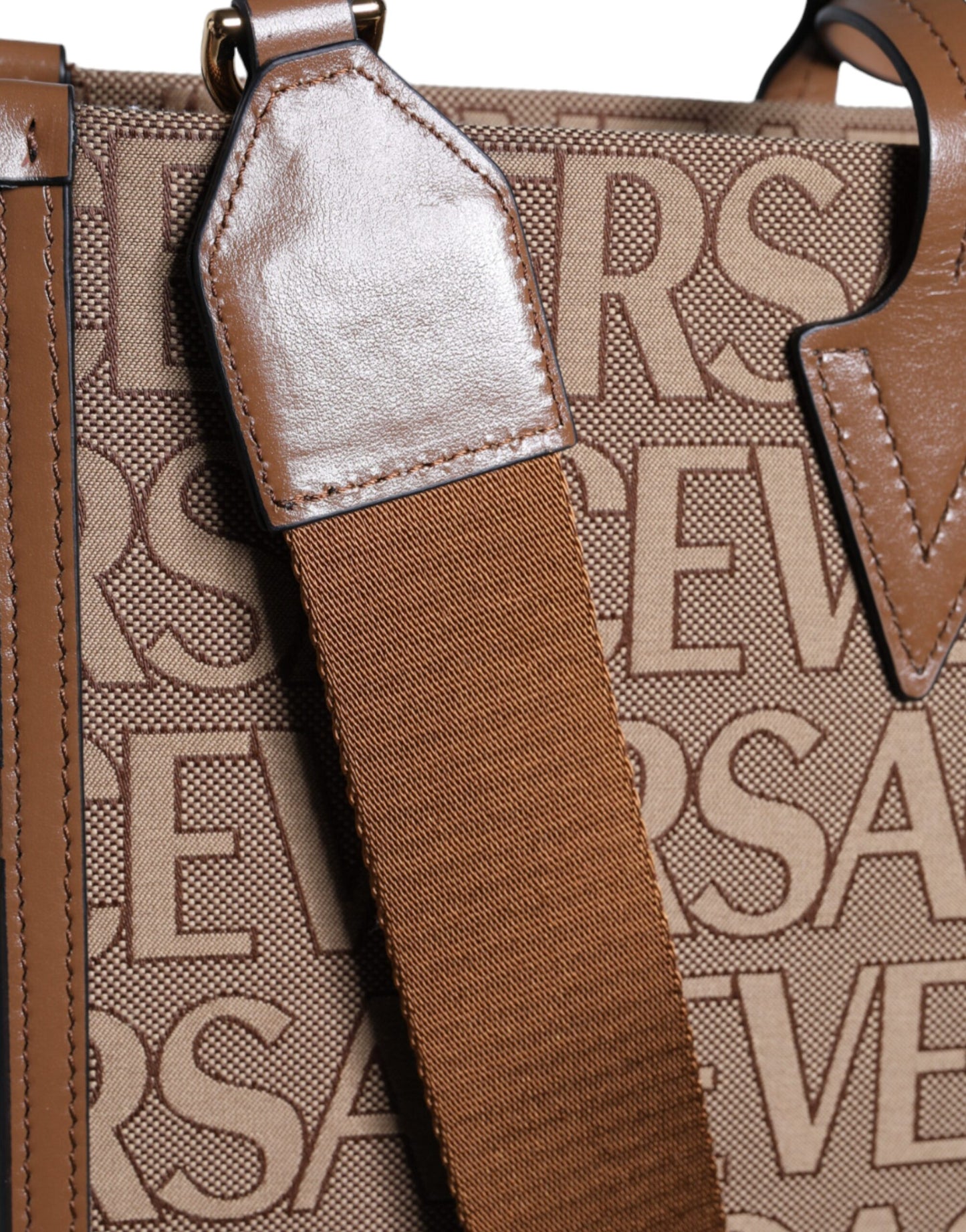 - Brown Top Handle Jacquard Leather Logo Crossbody Tote Bag