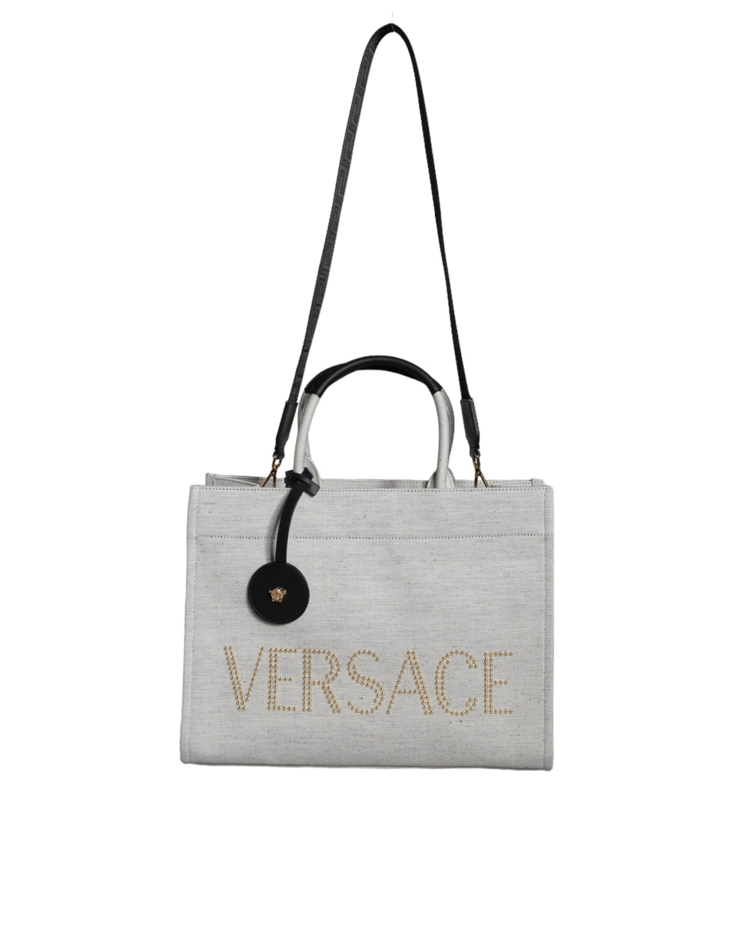 - White Top Handle Canvas Leather Logo Crossbody Tote Bag
