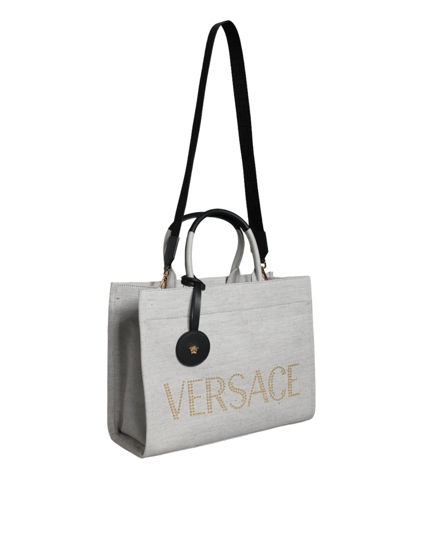 - White Top Handle Canvas Leather Logo Crossbody Tote Bag