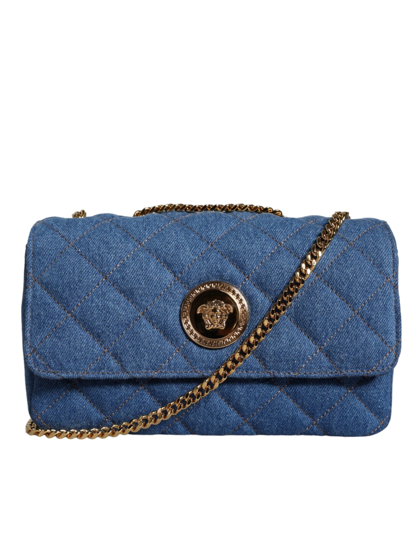 - Blue Quilted Denim Leather Crossbody Shoulder Bag