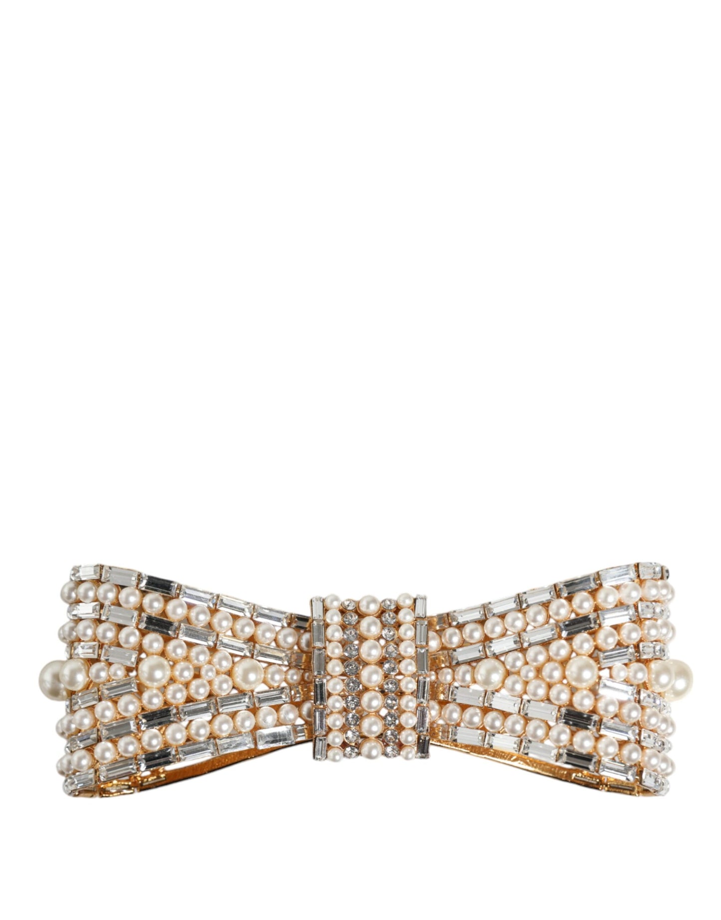 - Gold Tone Brass Bow Crystal FauxPearl Embellished Brooch