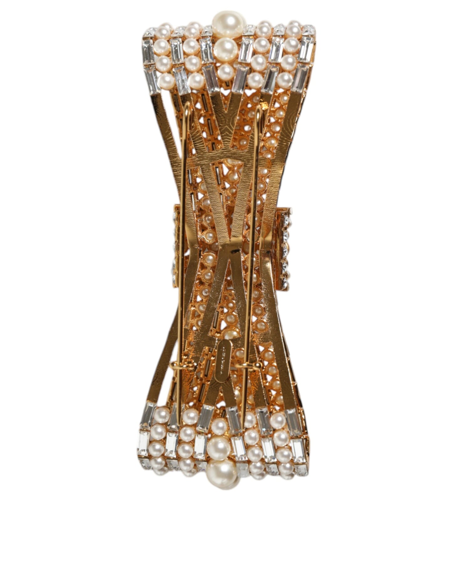 - Gold Tone Brass Bow Crystal FauxPearl Embellished Brooch