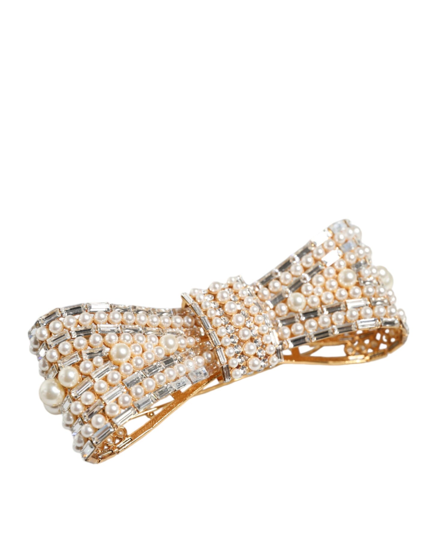 - Gold Tone Brass Bow Crystal FauxPearl Embellished Brooch