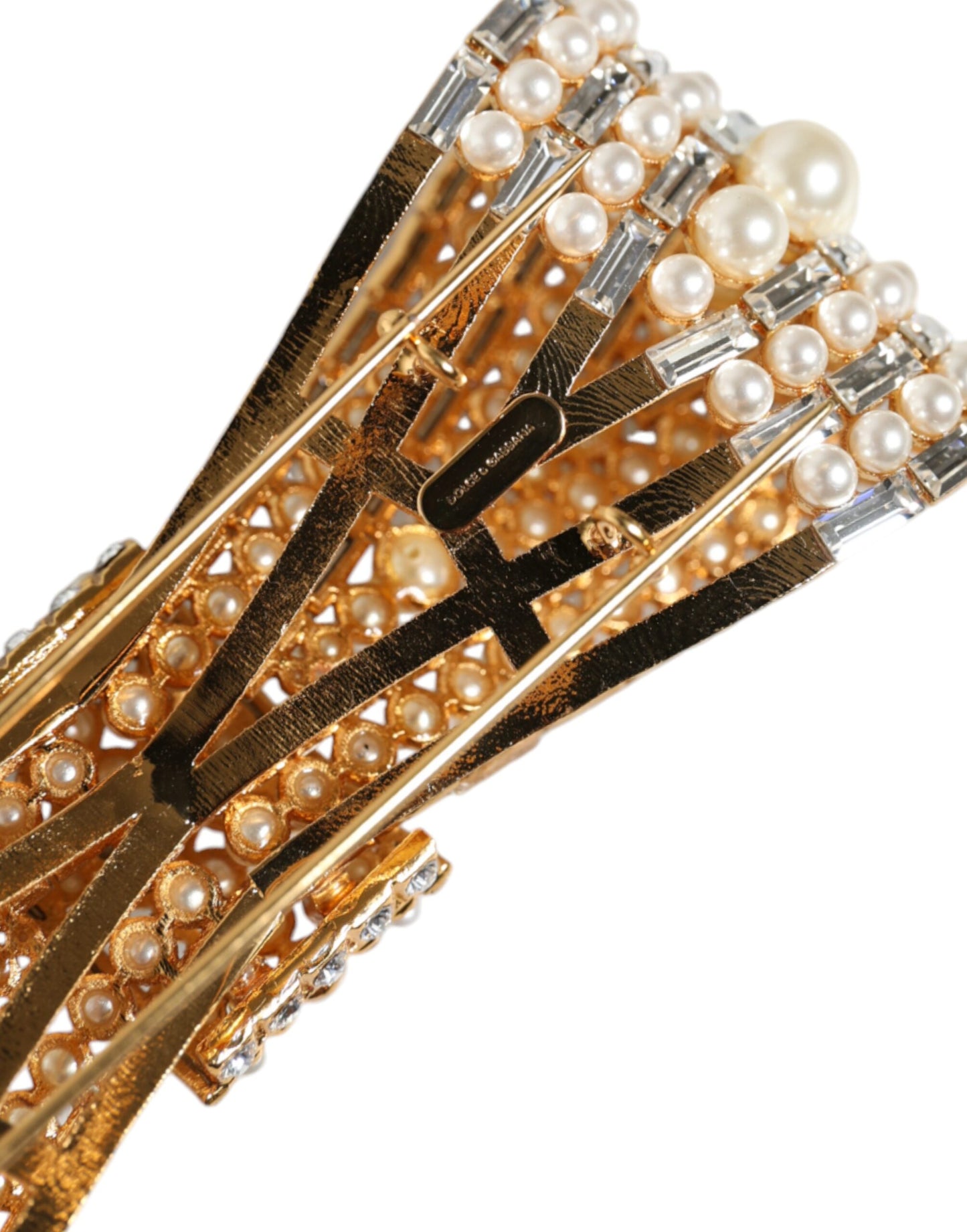 - Gold Tone Brass Bow Crystal FauxPearl Embellished Brooch