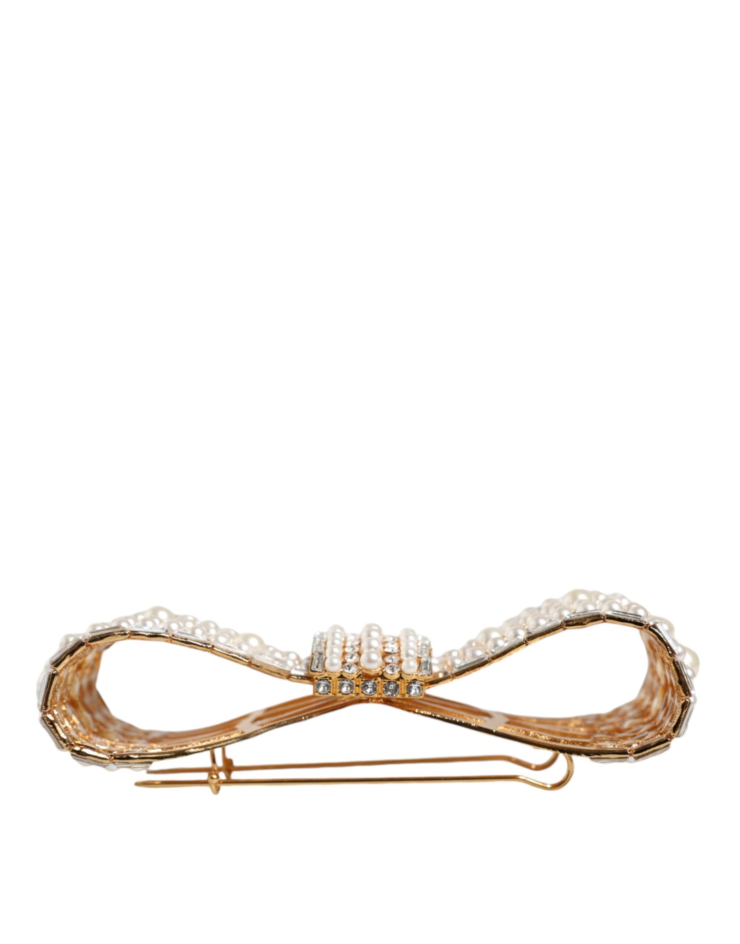 - Gold Tone Brass Bow Crystal FauxPearl Embellished Brooch