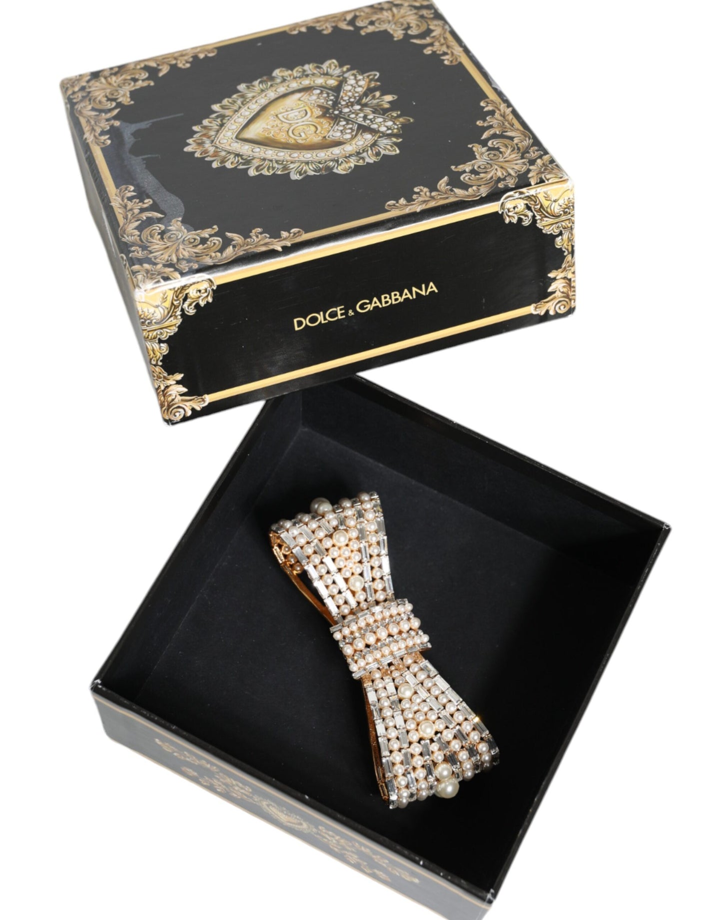 - Gold Tone Brass Bow Crystal FauxPearl Embellished Brooch