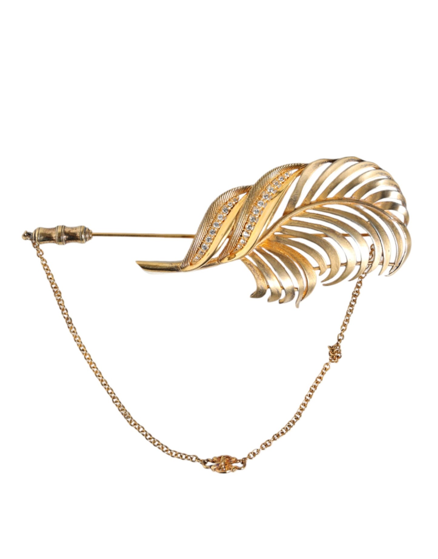 - Gold Tone 925 Sterling Silver Leaf Crystal Chain Brooch