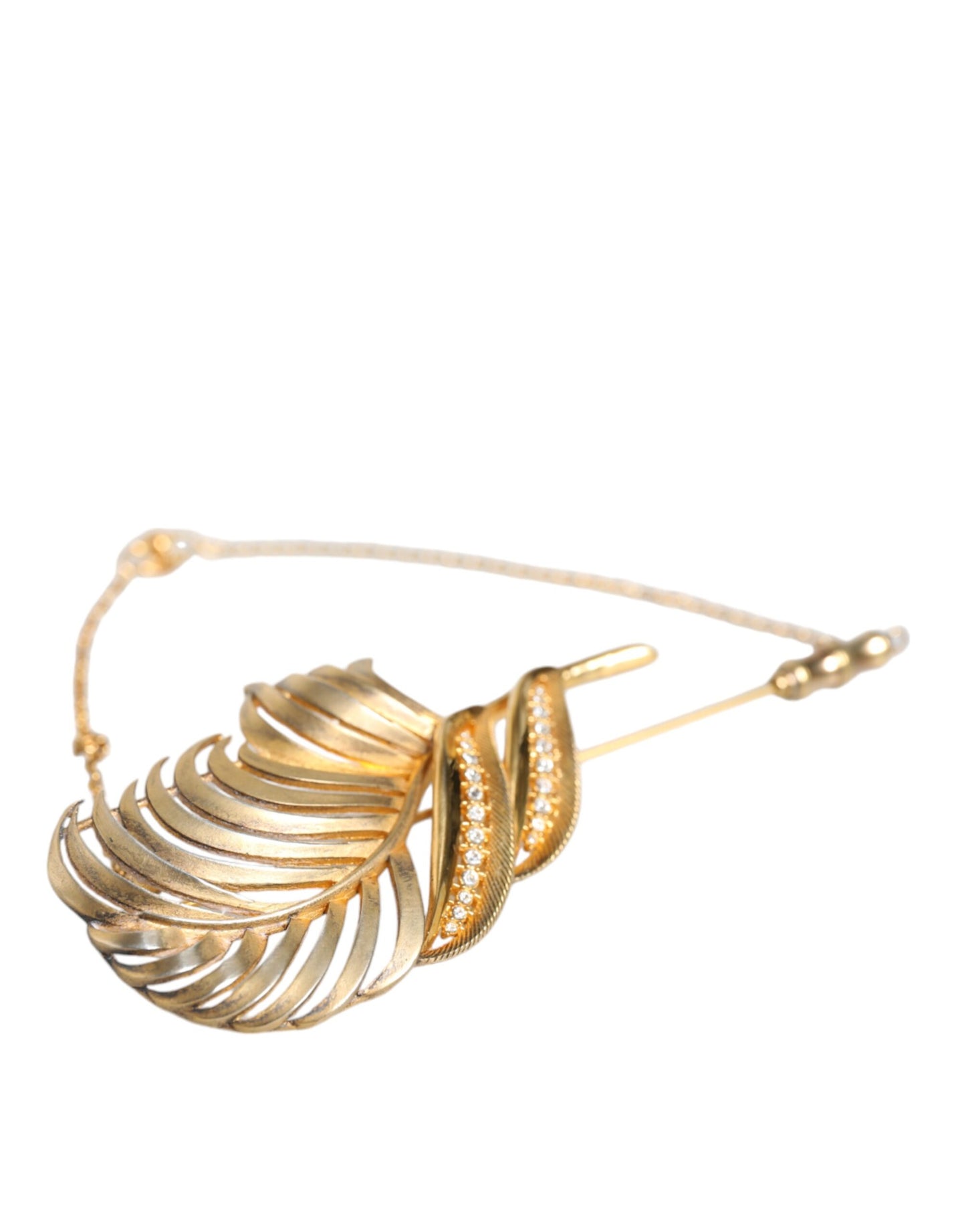 - Gold Tone 925 Sterling Silver Leaf Crystal Chain Brooch