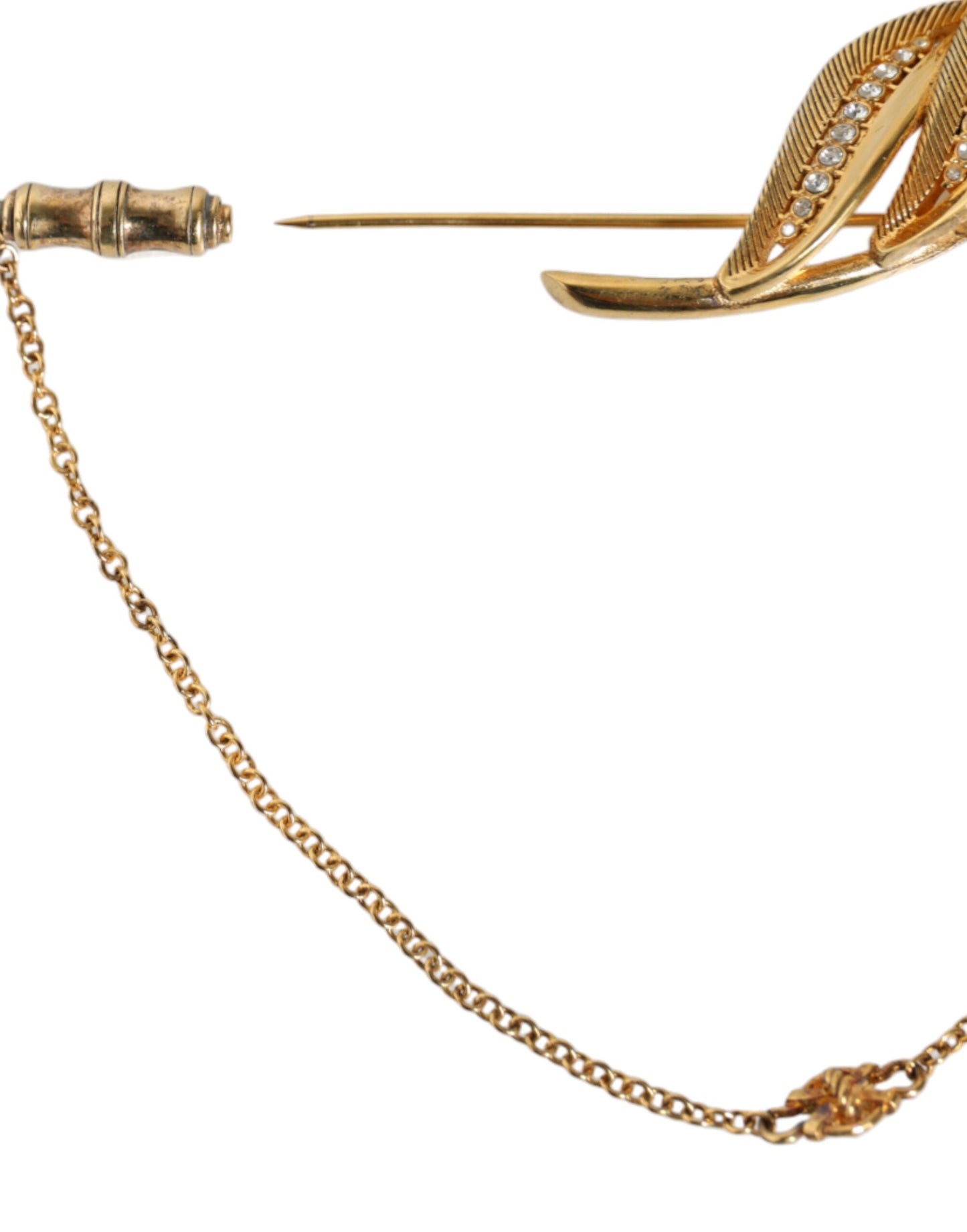 - Gold Tone 925 Sterling Silver Leaf Crystal Chain Brooch