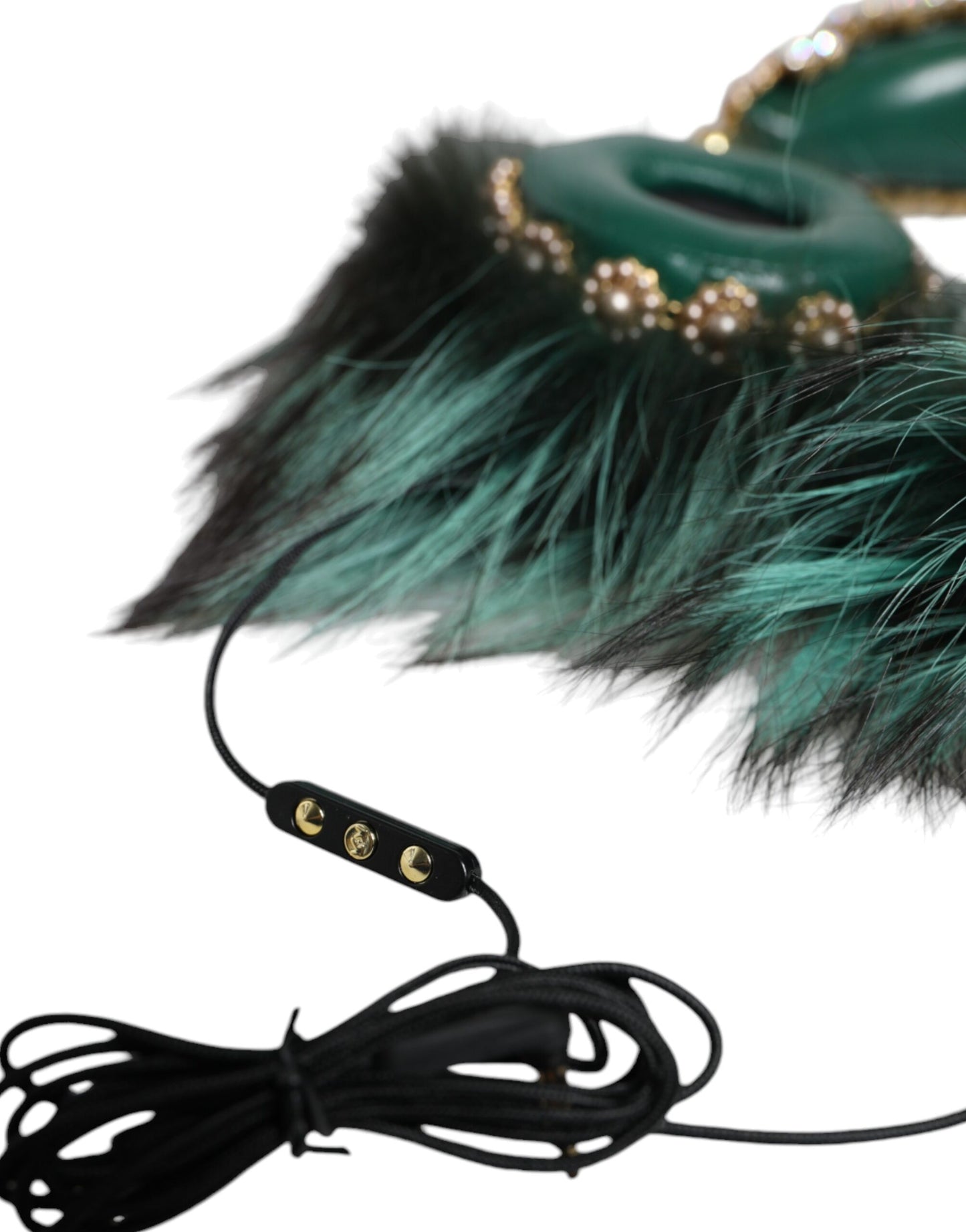 - Green Gold Crystal Fur Headset Audio AUX Headphones