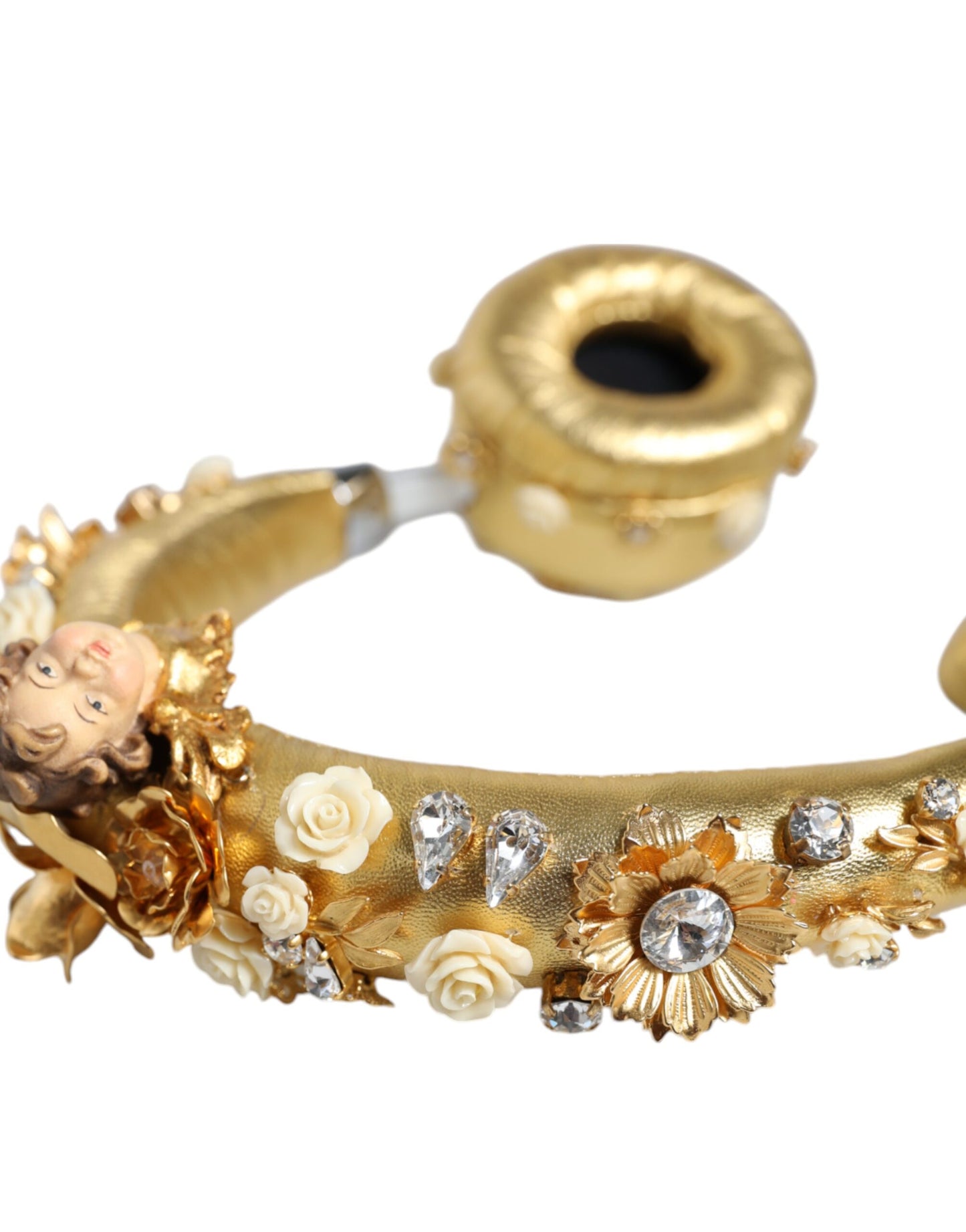 - Gold Leather Floral Crystal Angel Headset Headphones