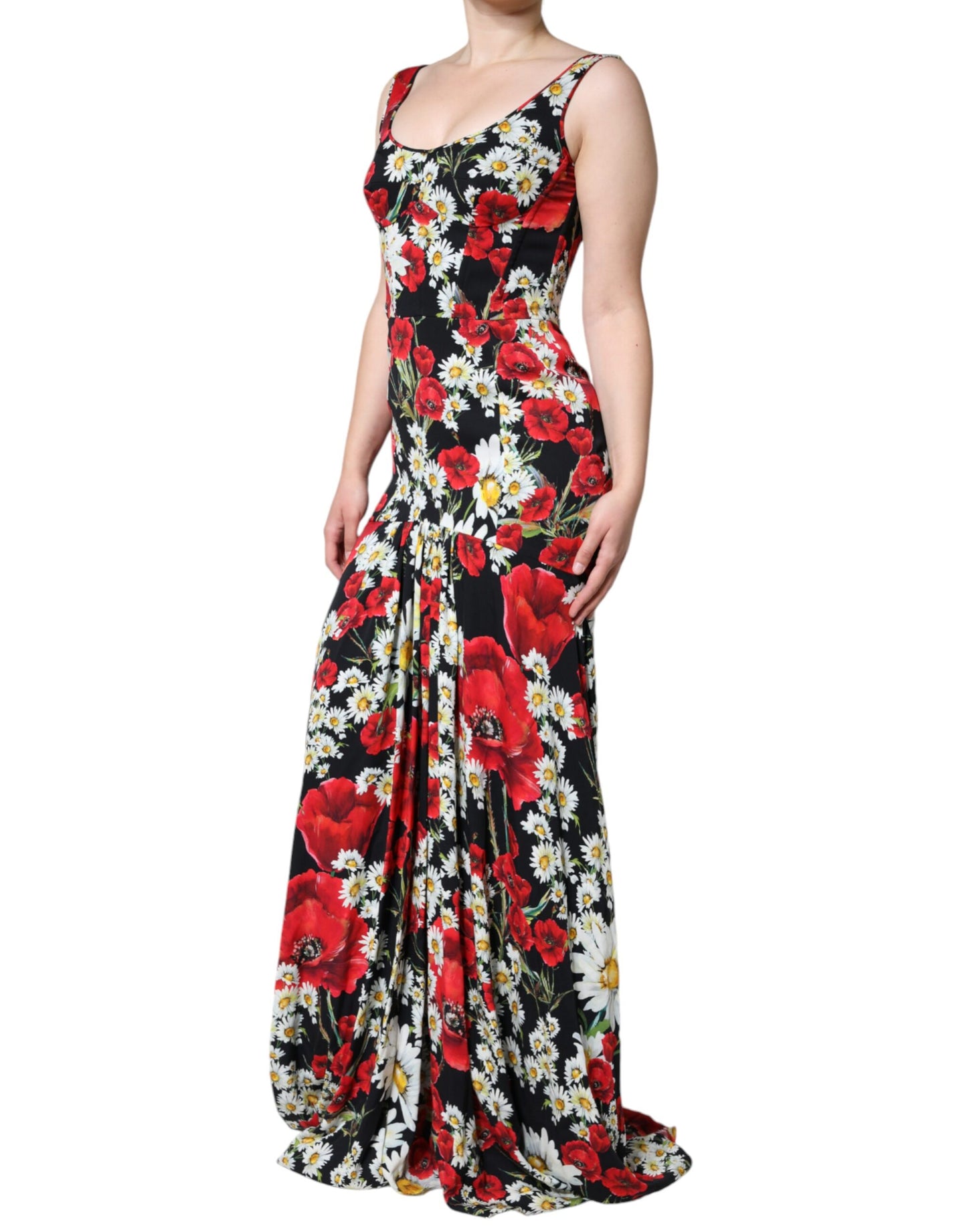 Black Floral Silk Sleeveless Long Gown Dress - The Luxe Alliance
