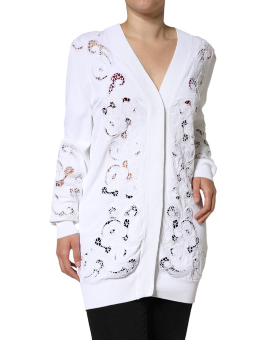 - White Viscose Floral Cut Out Cardigan Sweater