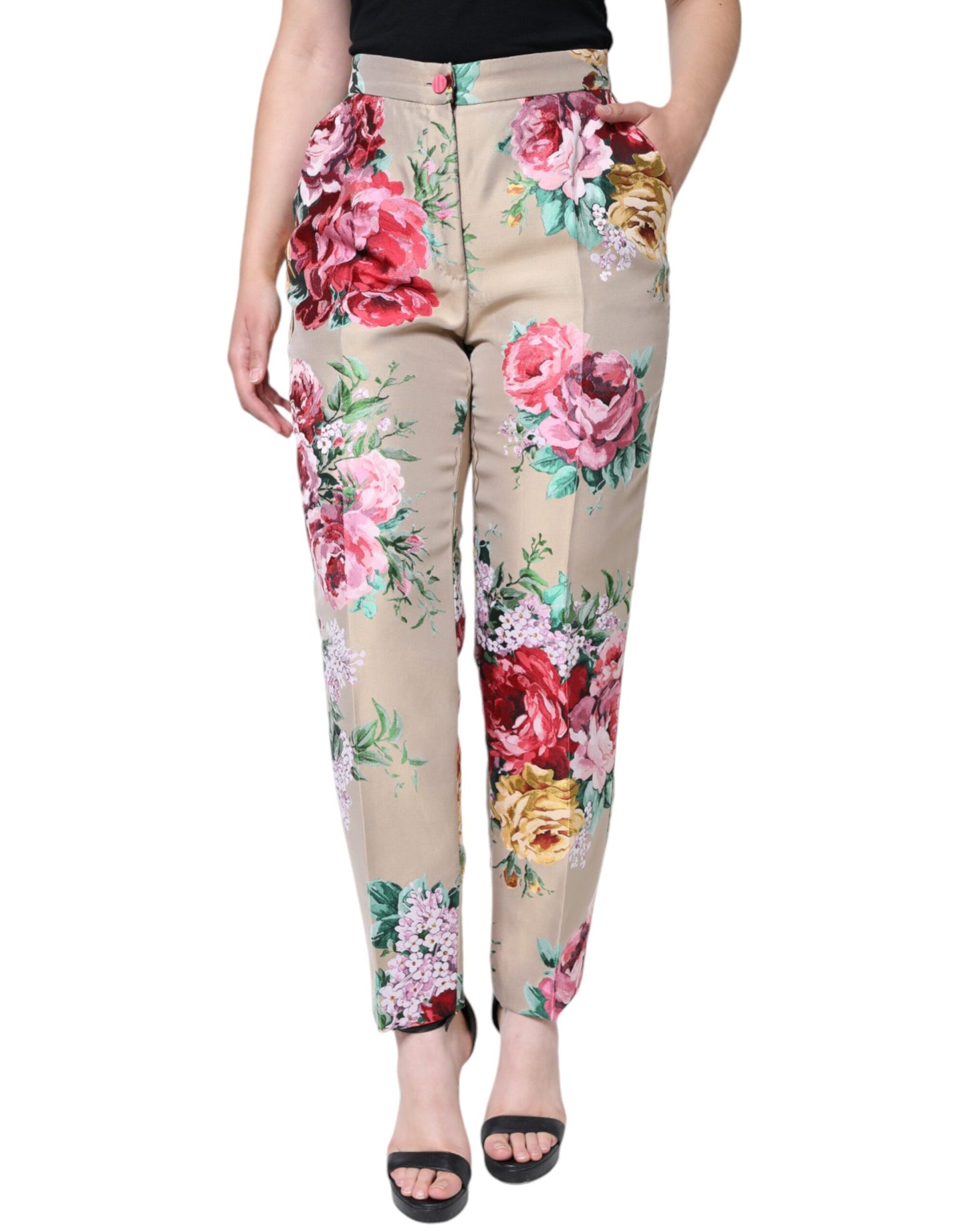 - Beige Floral Jacquard High Waist Tapered Pants
