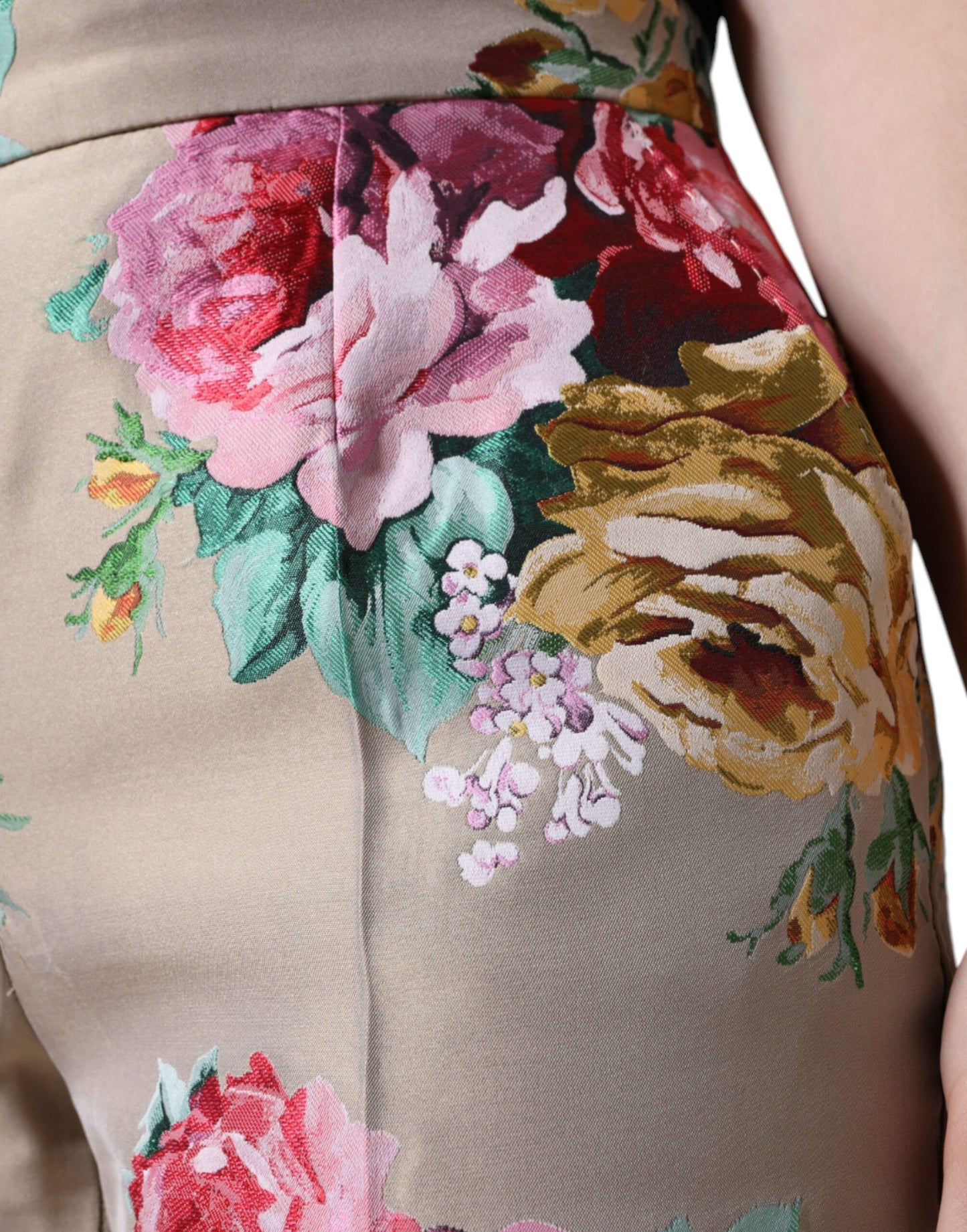 - Beige Floral Jacquard High Waist Tapered Pants