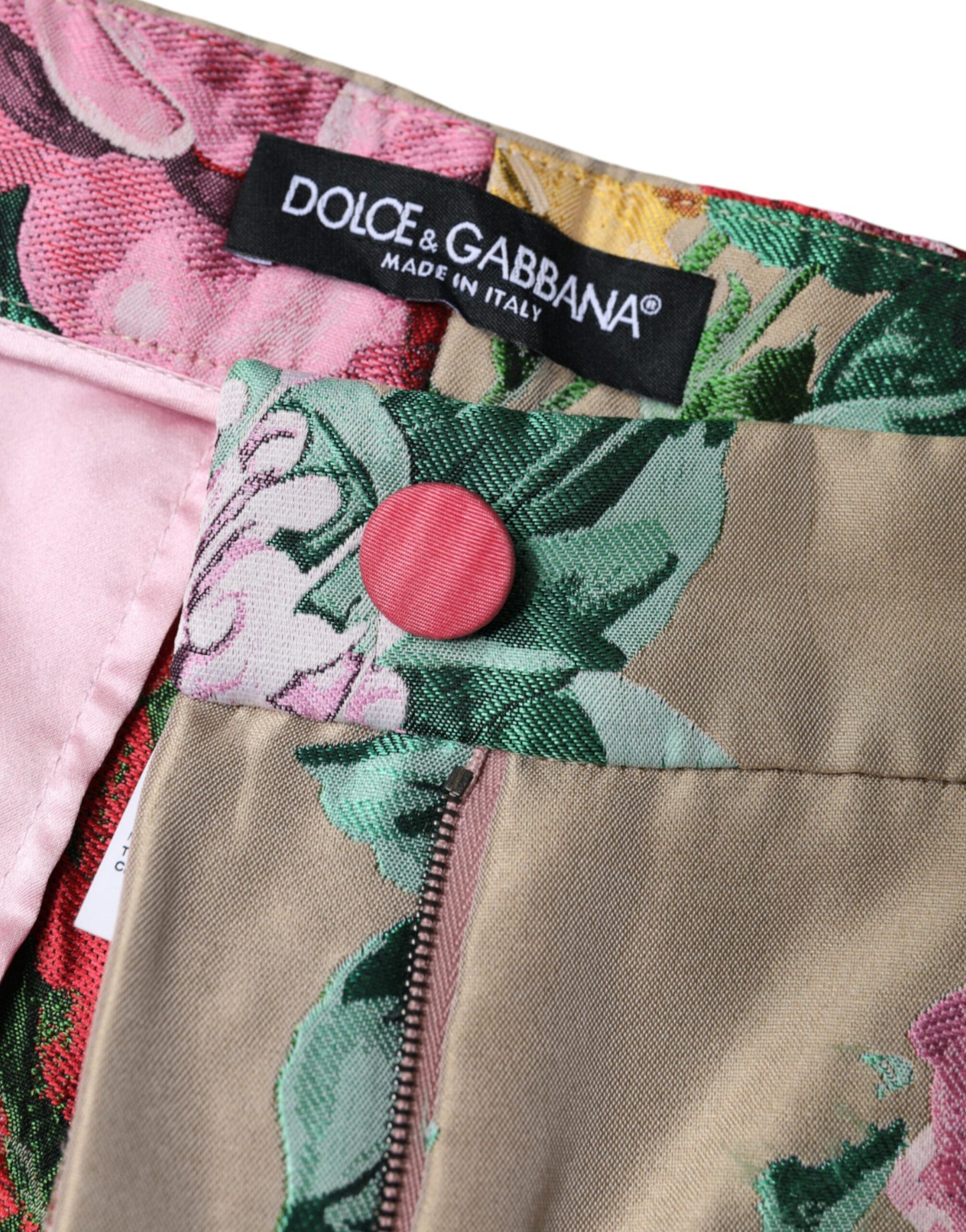 - Beige Floral Jacquard High Waist Tapered Pants