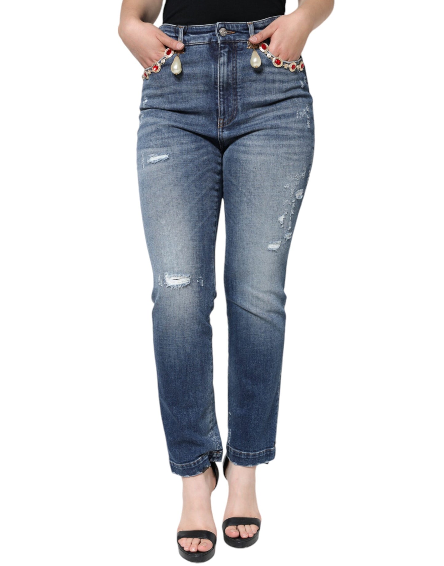 - Dark Blue Cotton Tattered Skinny Denim Jeans
