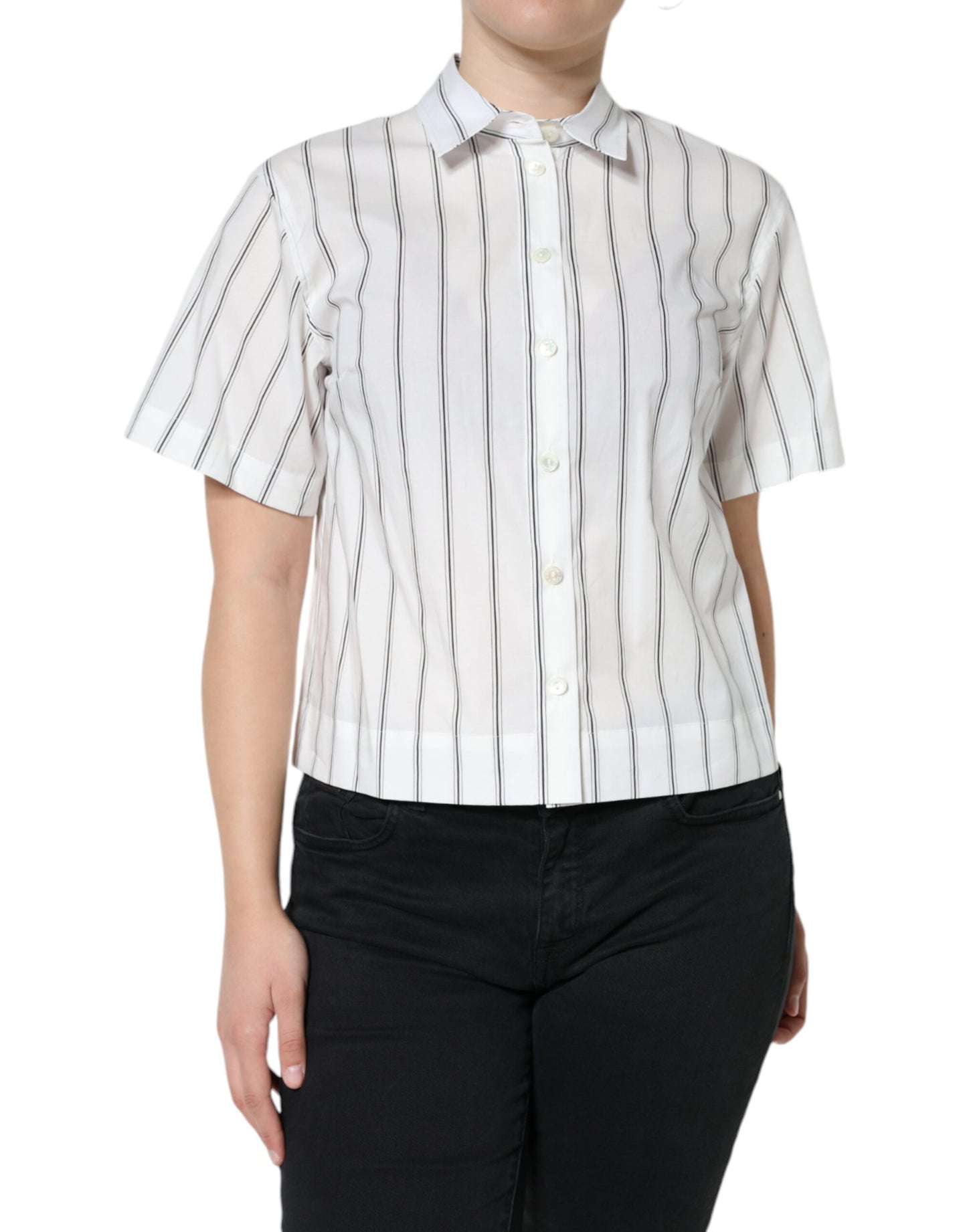 - White Striped Collared Short Sleeve Polo Top