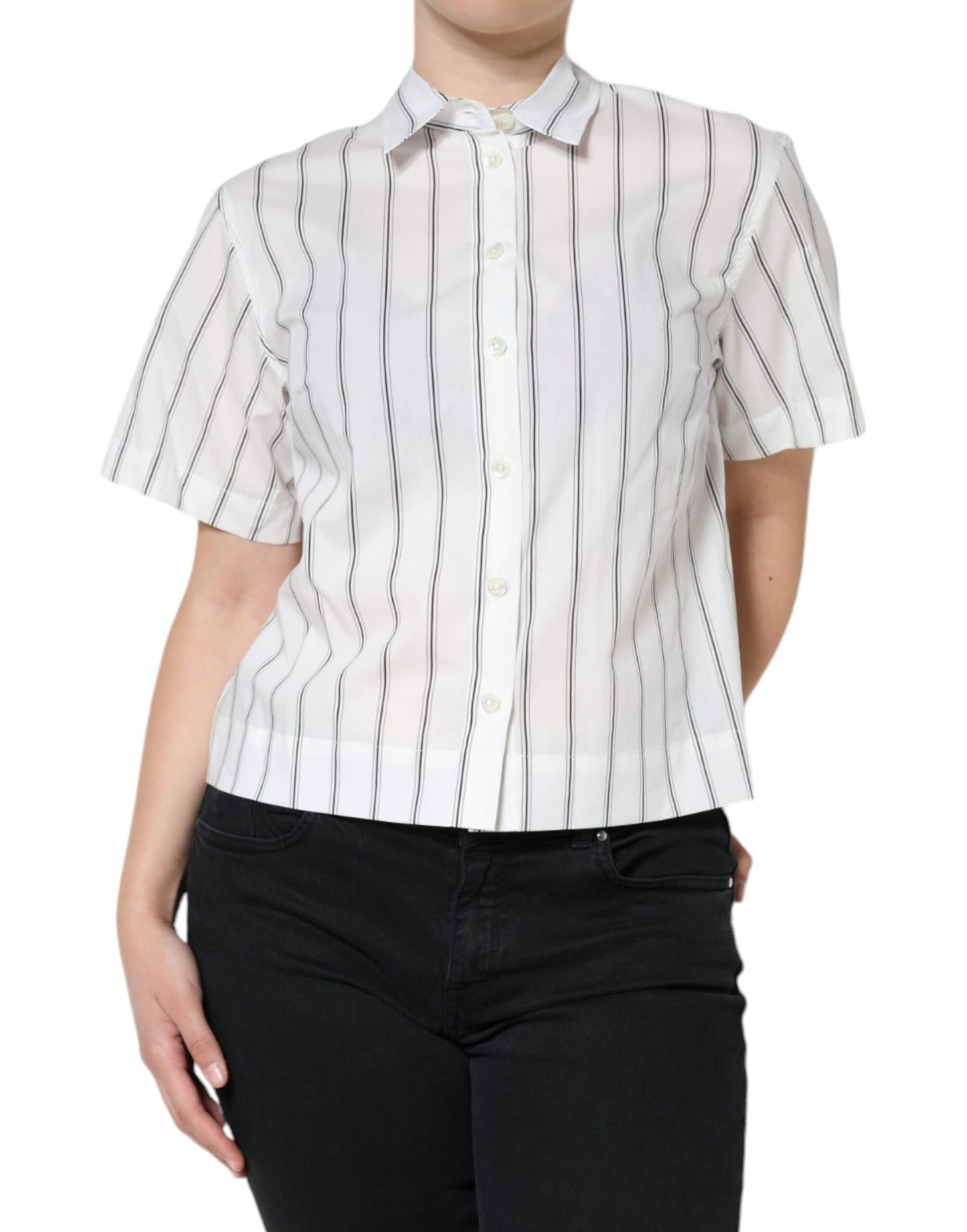 - White Striped Collared Short Sleeve Polo Top