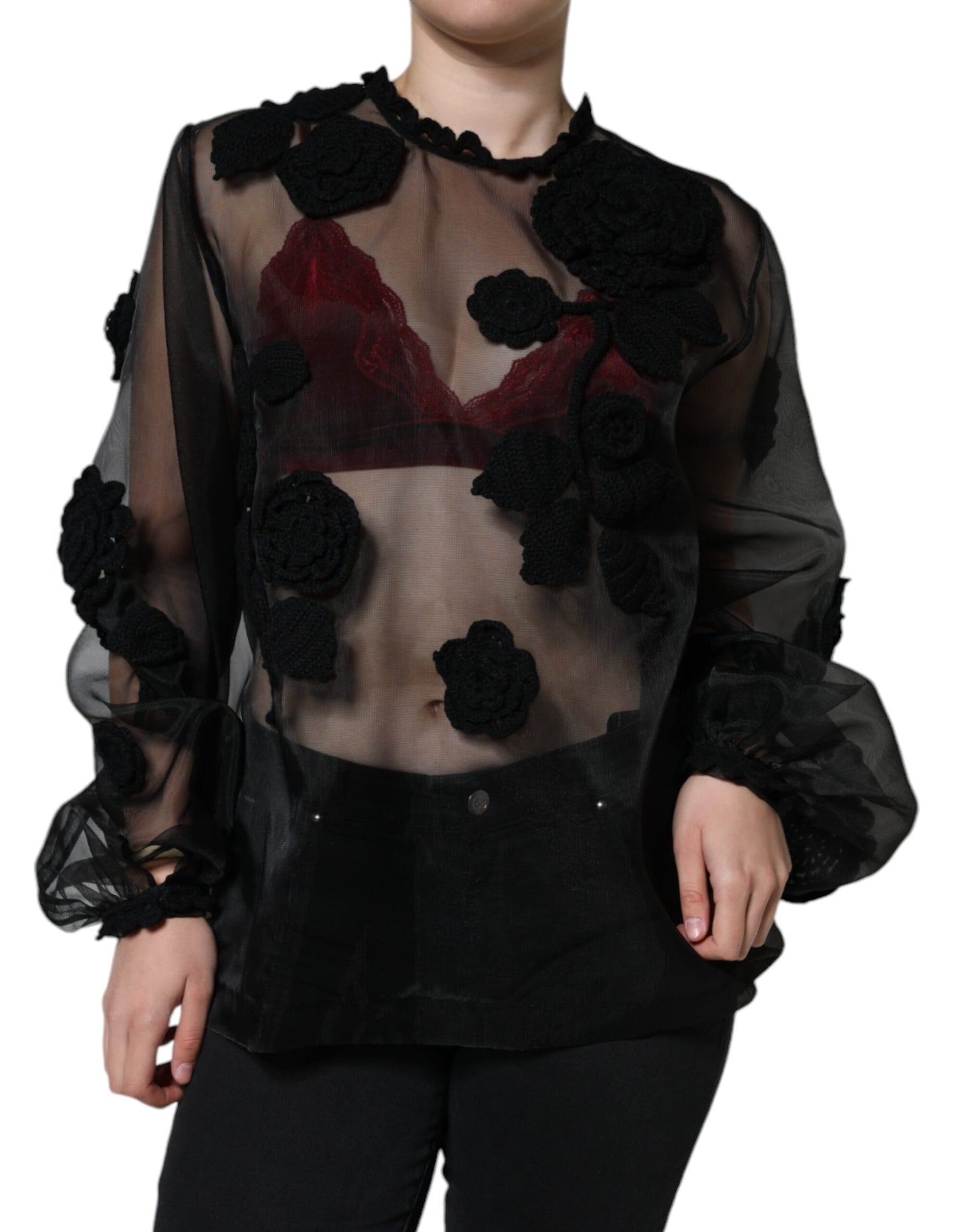 - Black Nylon Mesh Transparent Floral Blouse