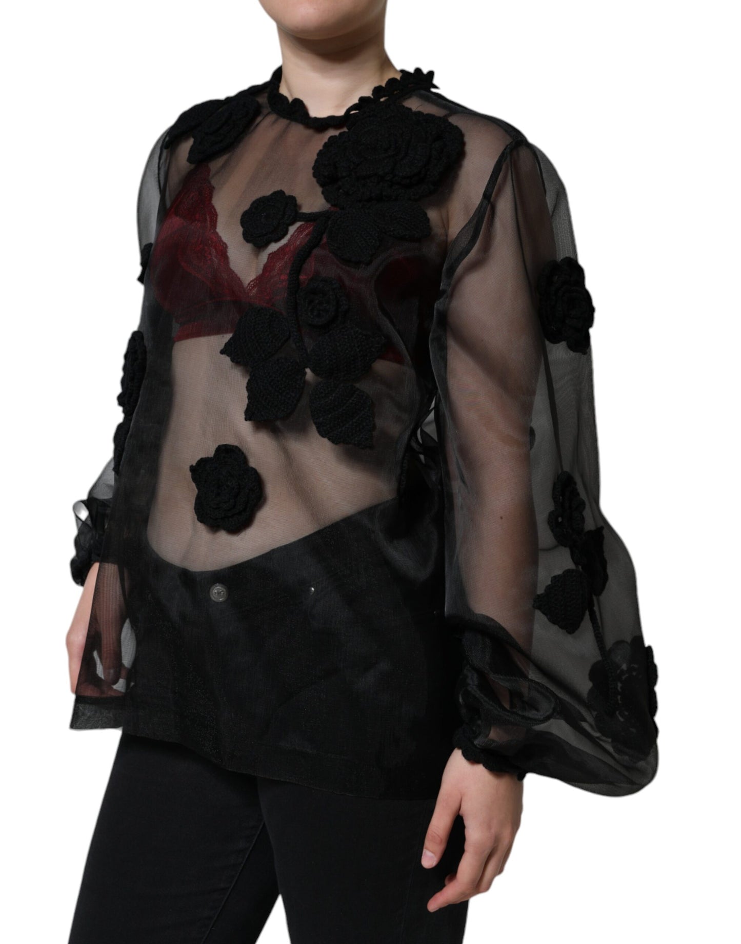 - Black Nylon Mesh Transparent Floral Blouse