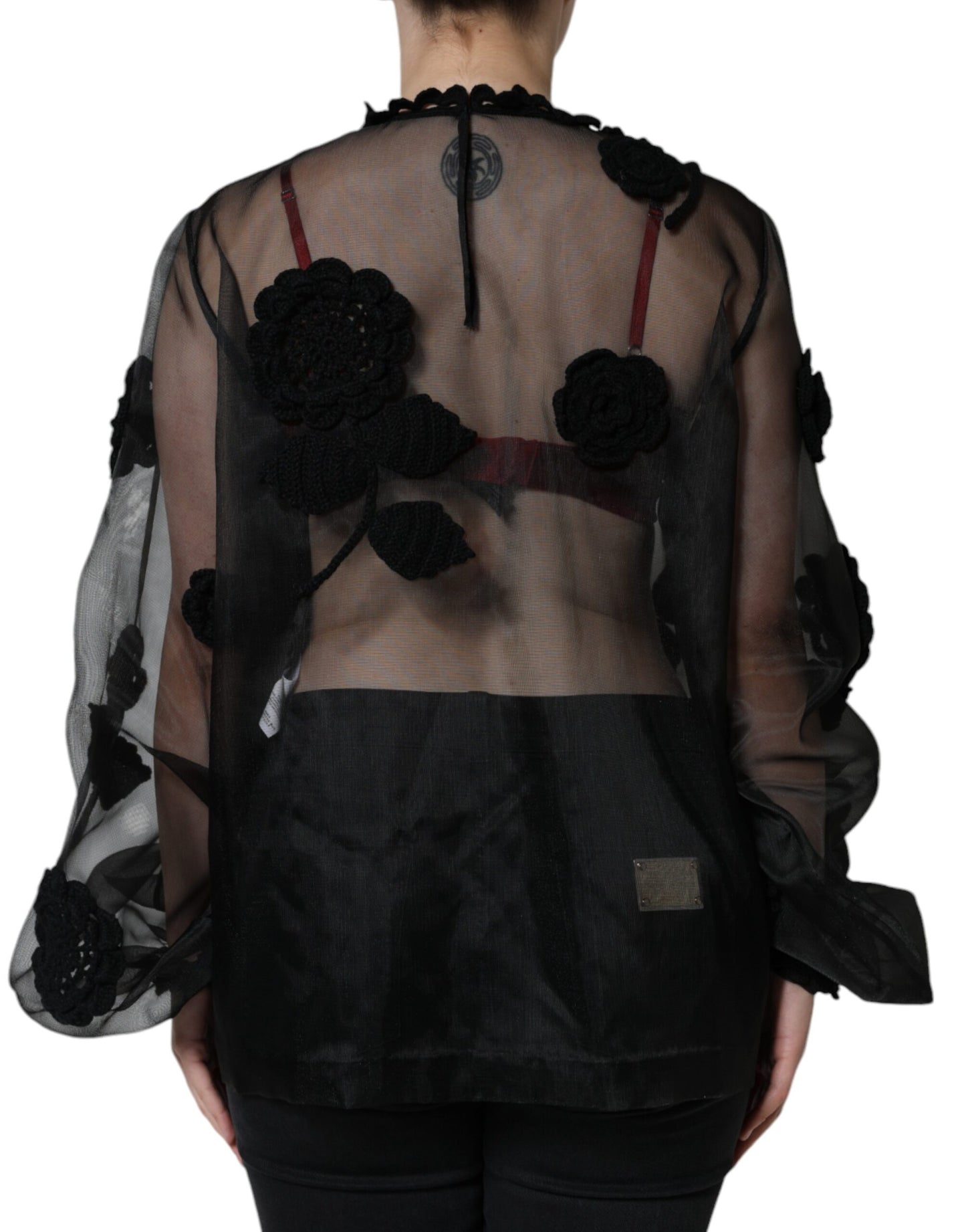 - Black Nylon Mesh Transparent Floral Blouse