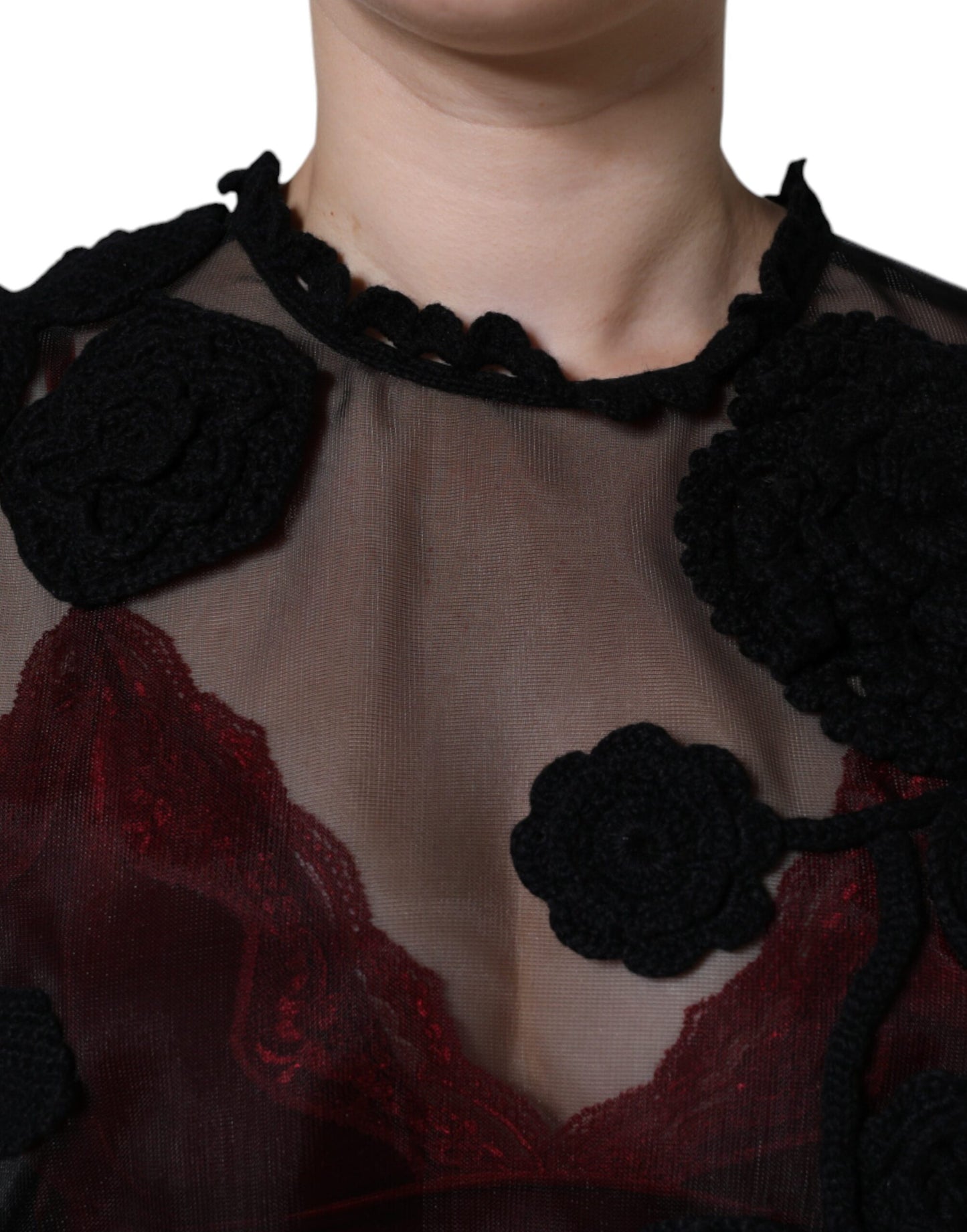- Black Nylon Mesh Transparent Floral Blouse