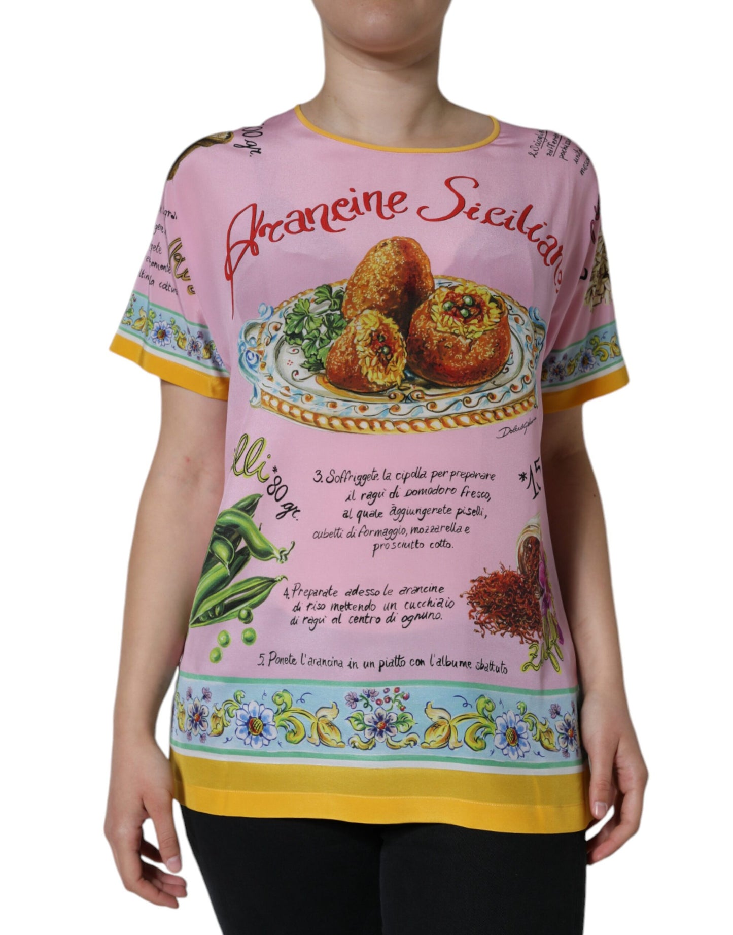 - Pink Silk Araneine Siciliana Print Short Sleeves Top