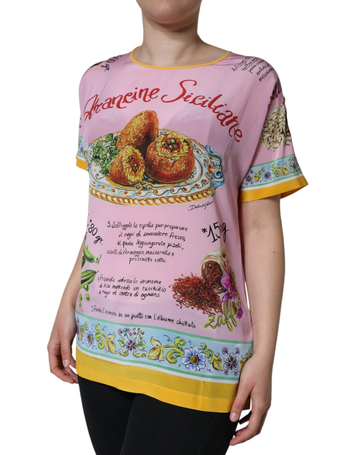 - Pink Silk Araneine Siciliana Print Short Sleeves Top