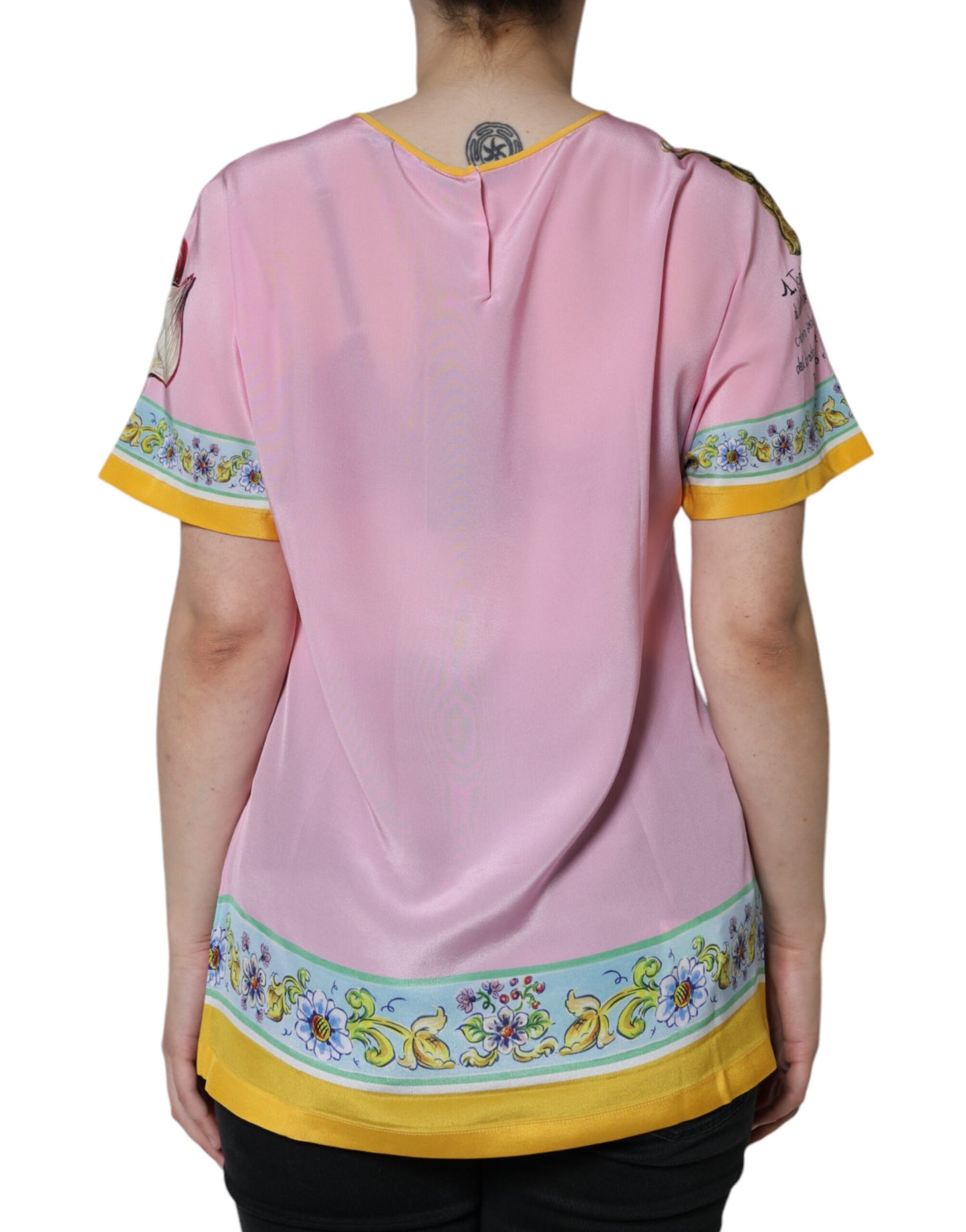 - Pink Silk Araneine Siciliana Print Short Sleeves Top