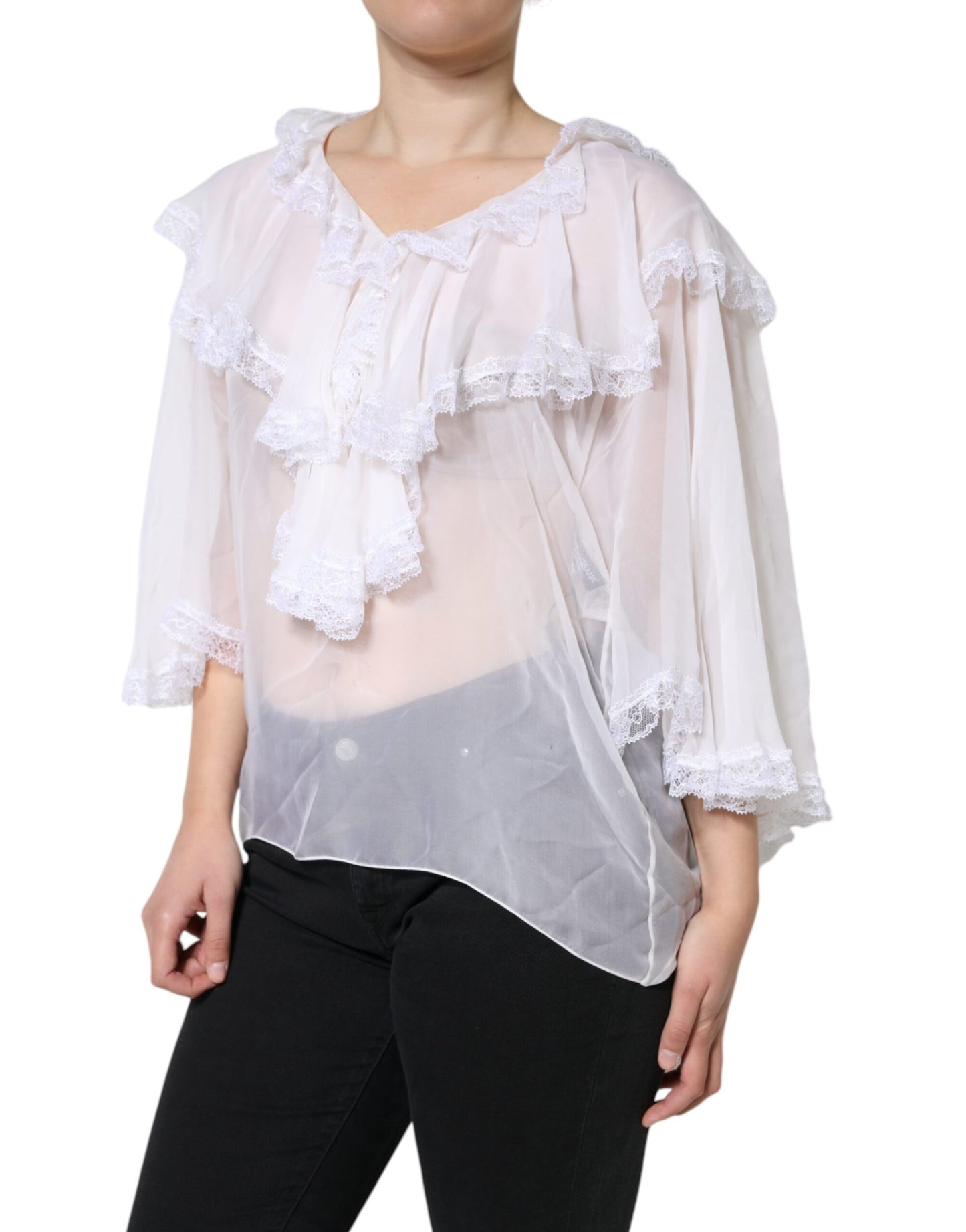 - White Ruffles Lace Long Sleeve Blouse Top