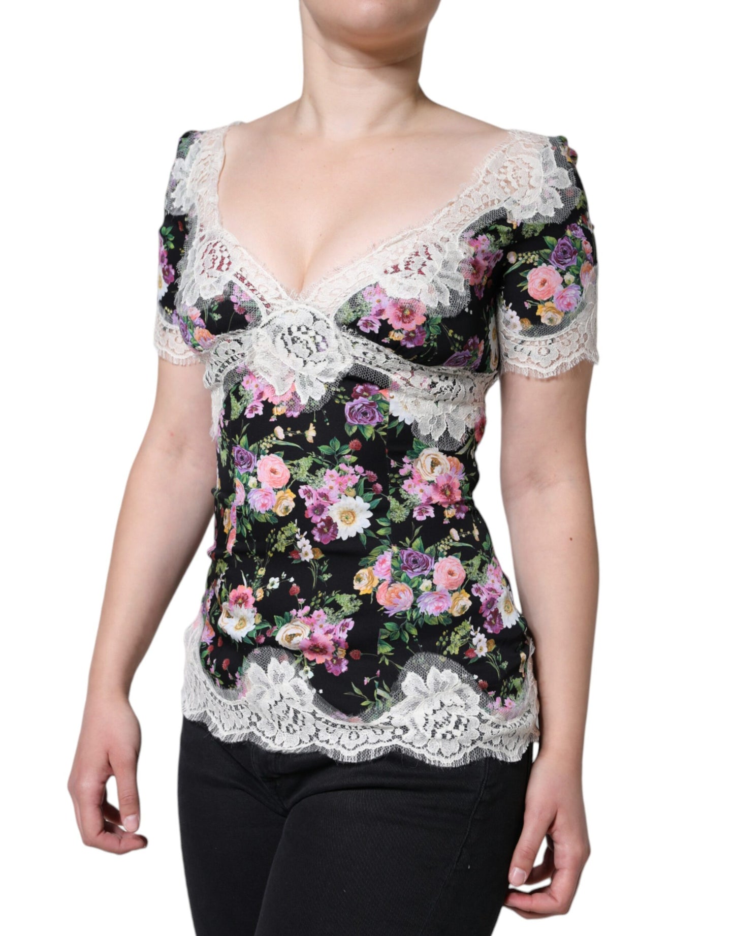 - Black Floral Lace Short Sleeves Blouse Top