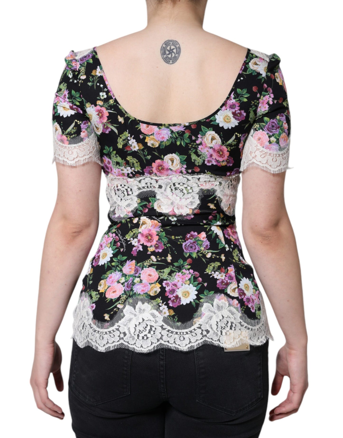 - Black Floral Lace Short Sleeves Blouse Top