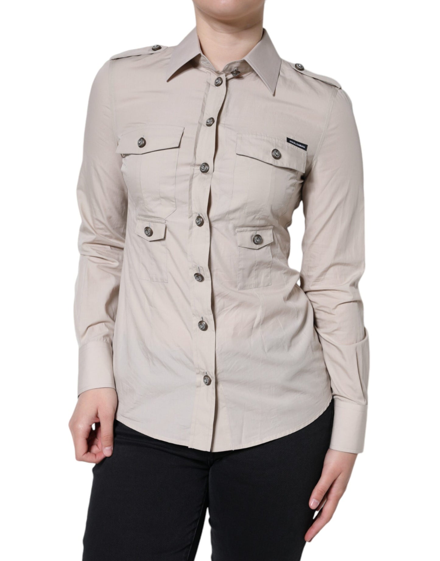 - Beige Cotton Collared Button Down Shirt Top