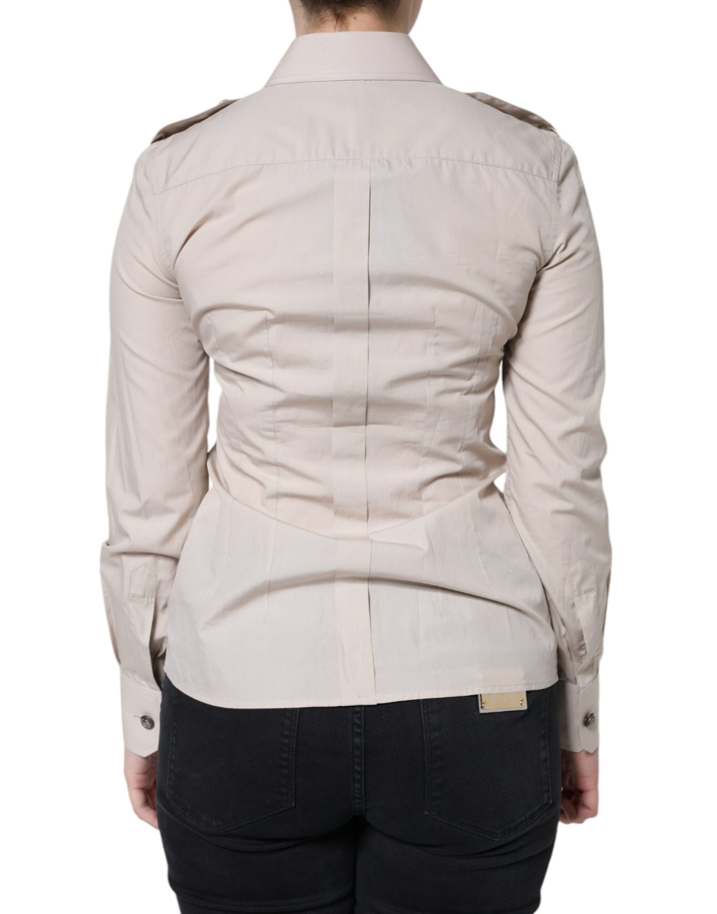 - Beige Cotton Collared Button Down Shirt Top