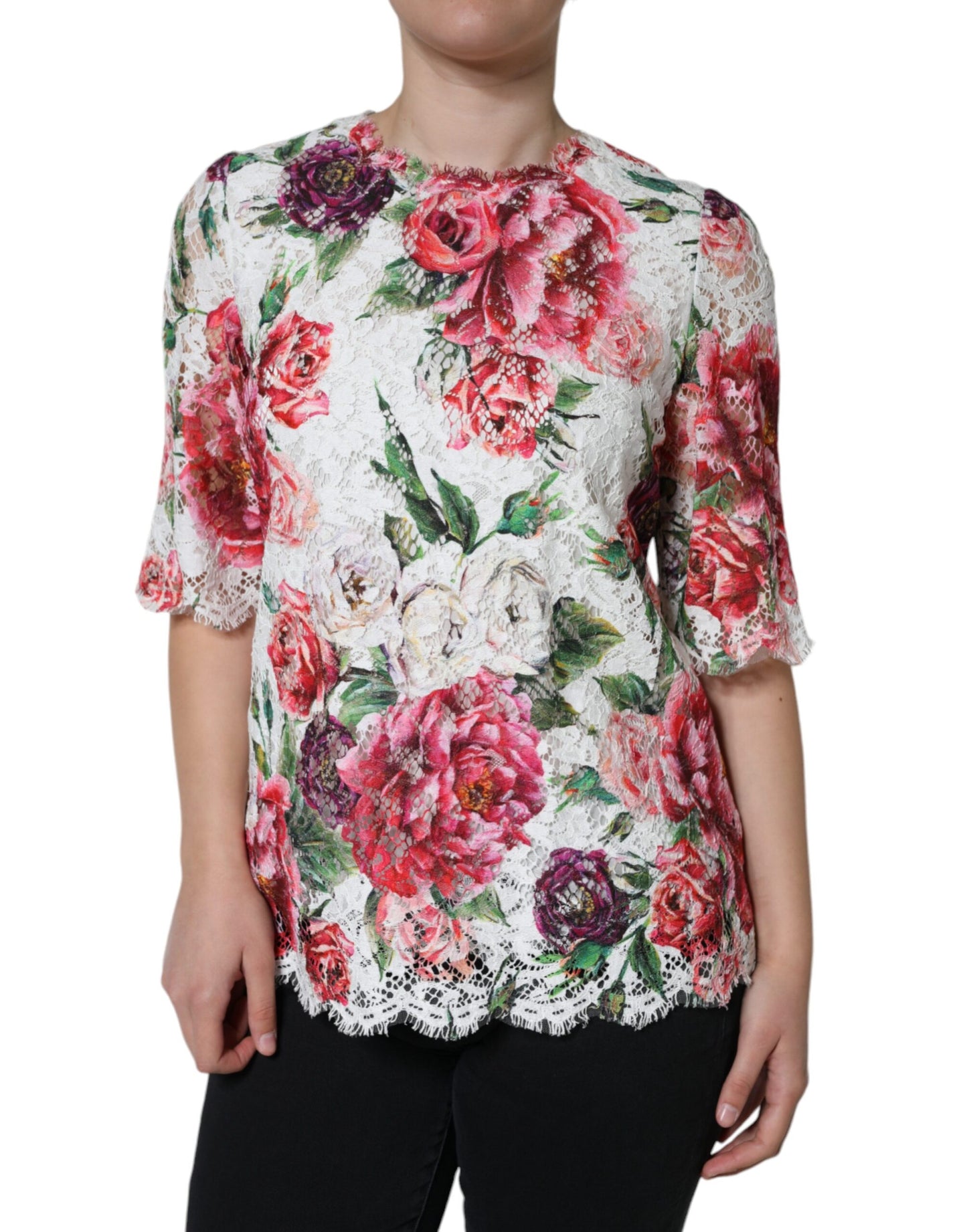 - White Peony Lace Short Sleeves Blouse Top