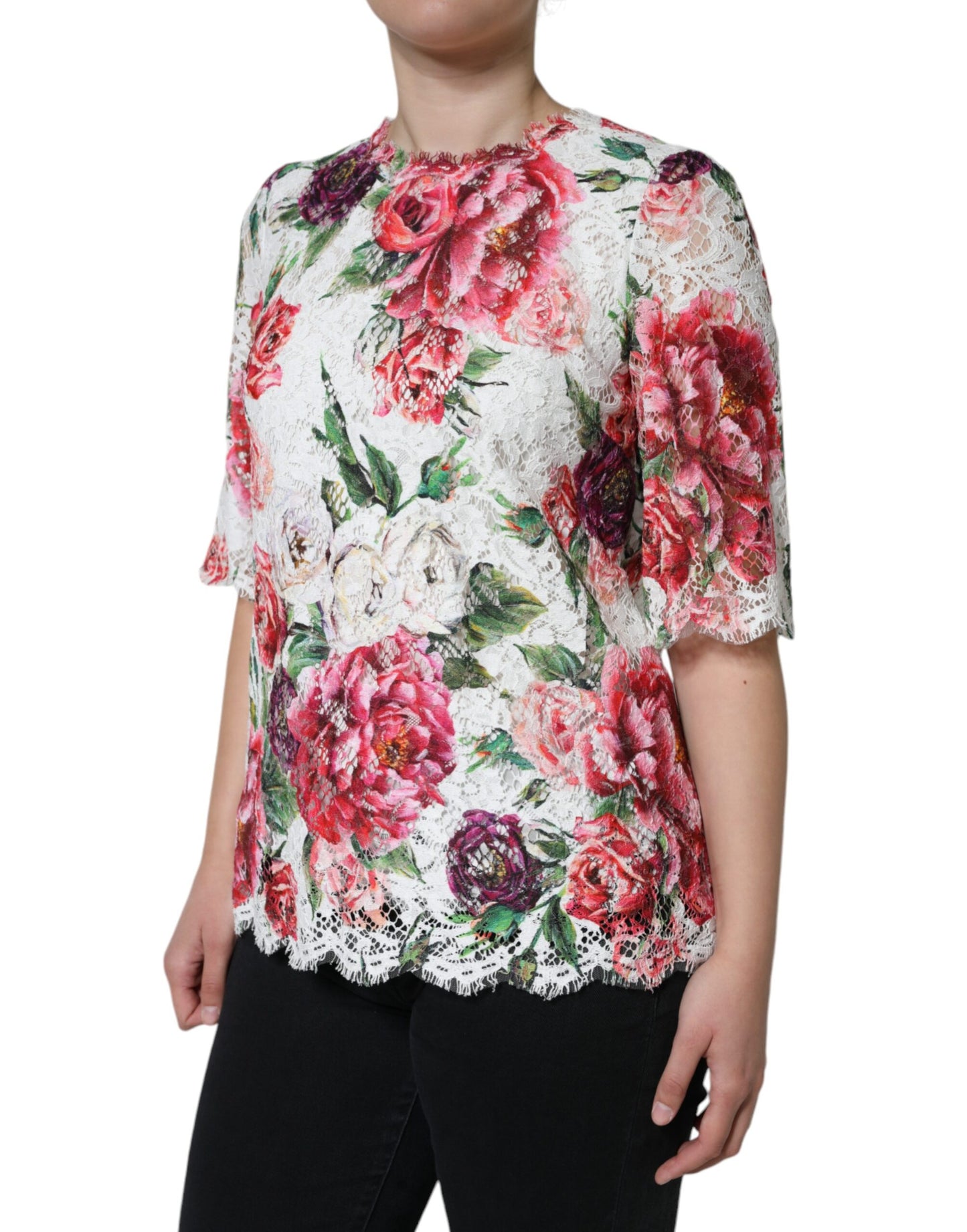 - White Peony Lace Short Sleeves Blouse Top